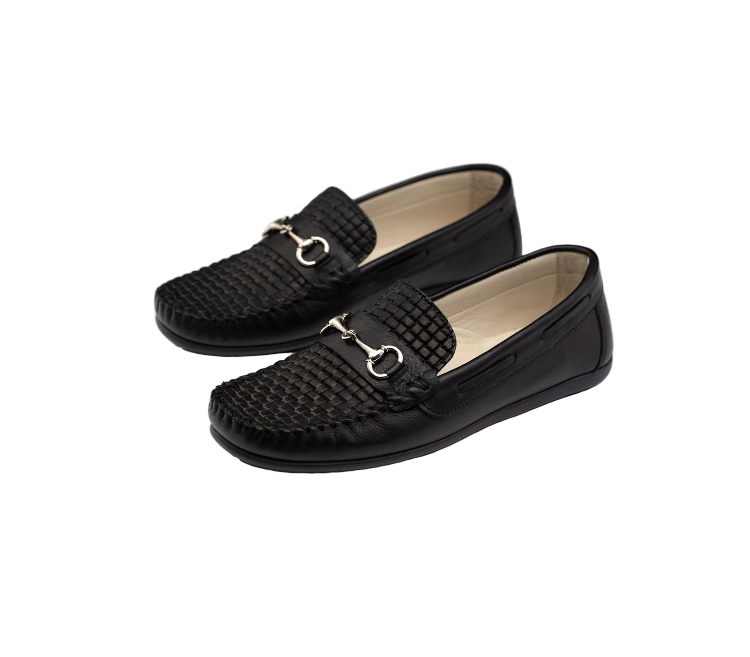 Kids Black Woven Leather Loafers With Metal Detail