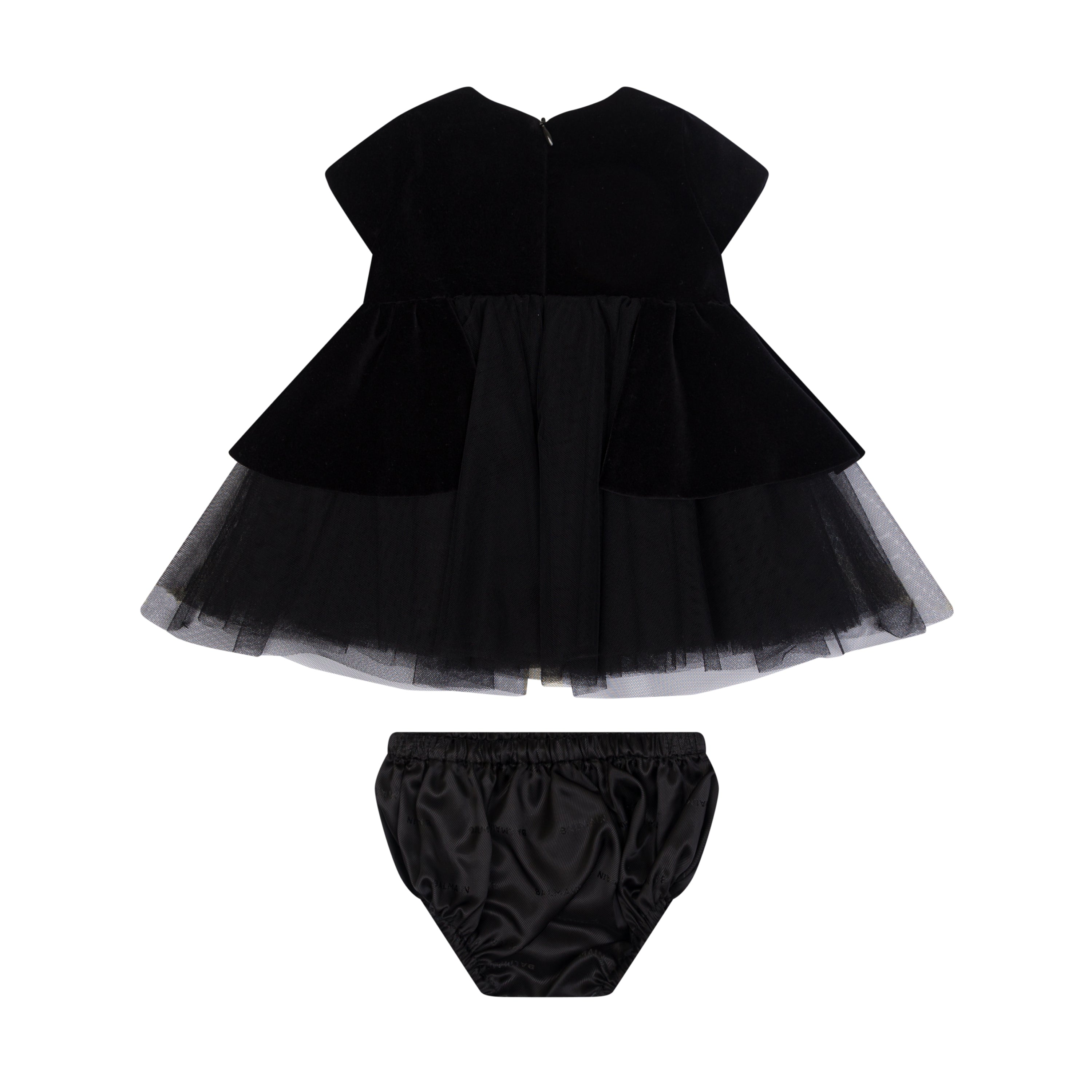 Infant Woven Cotton Peplum Dress with Layered Tulle Skirt & Matching Bloomers Balmain