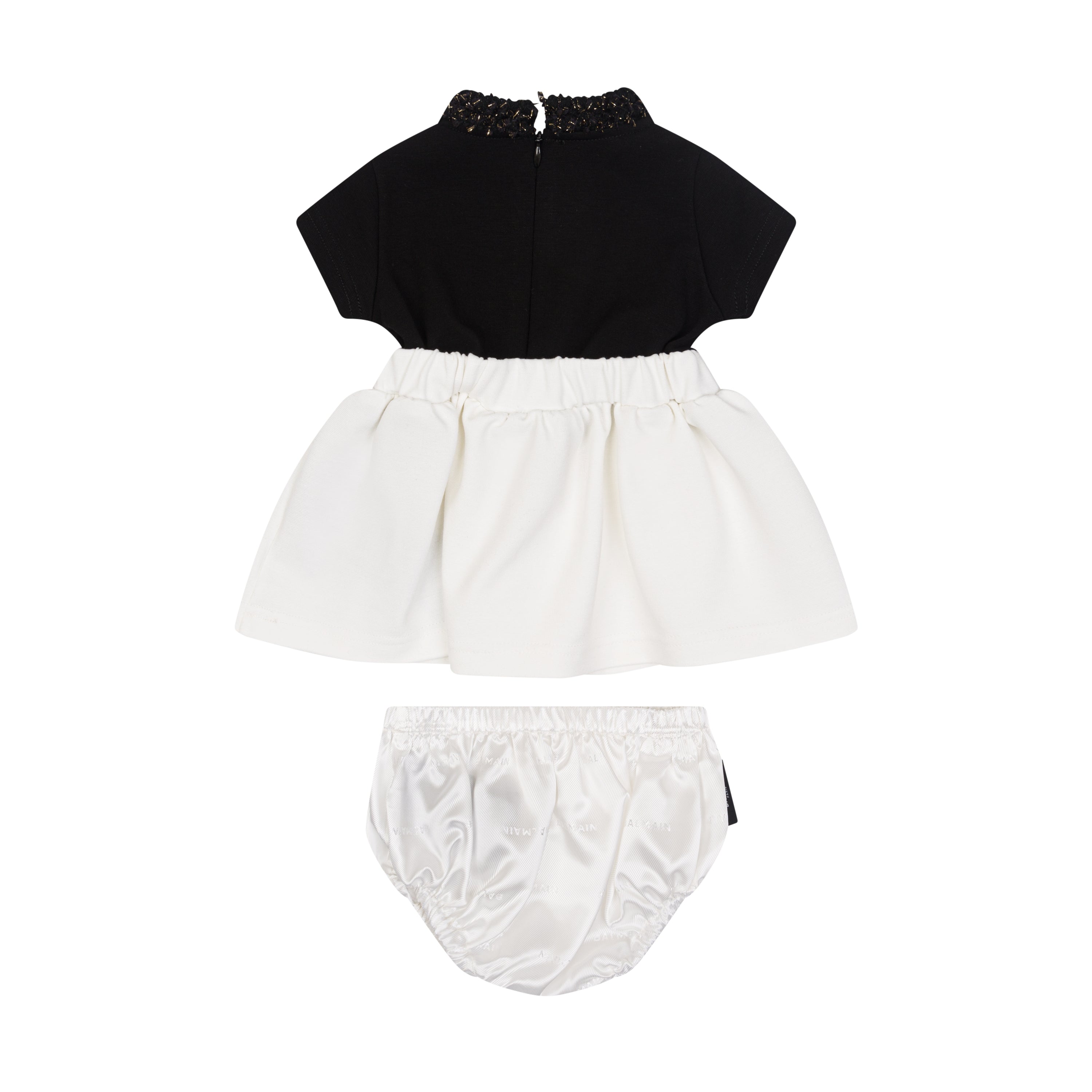 Baby Knit Dress & Satin Bloomers Set with Bouclé-Trimmed Neckline