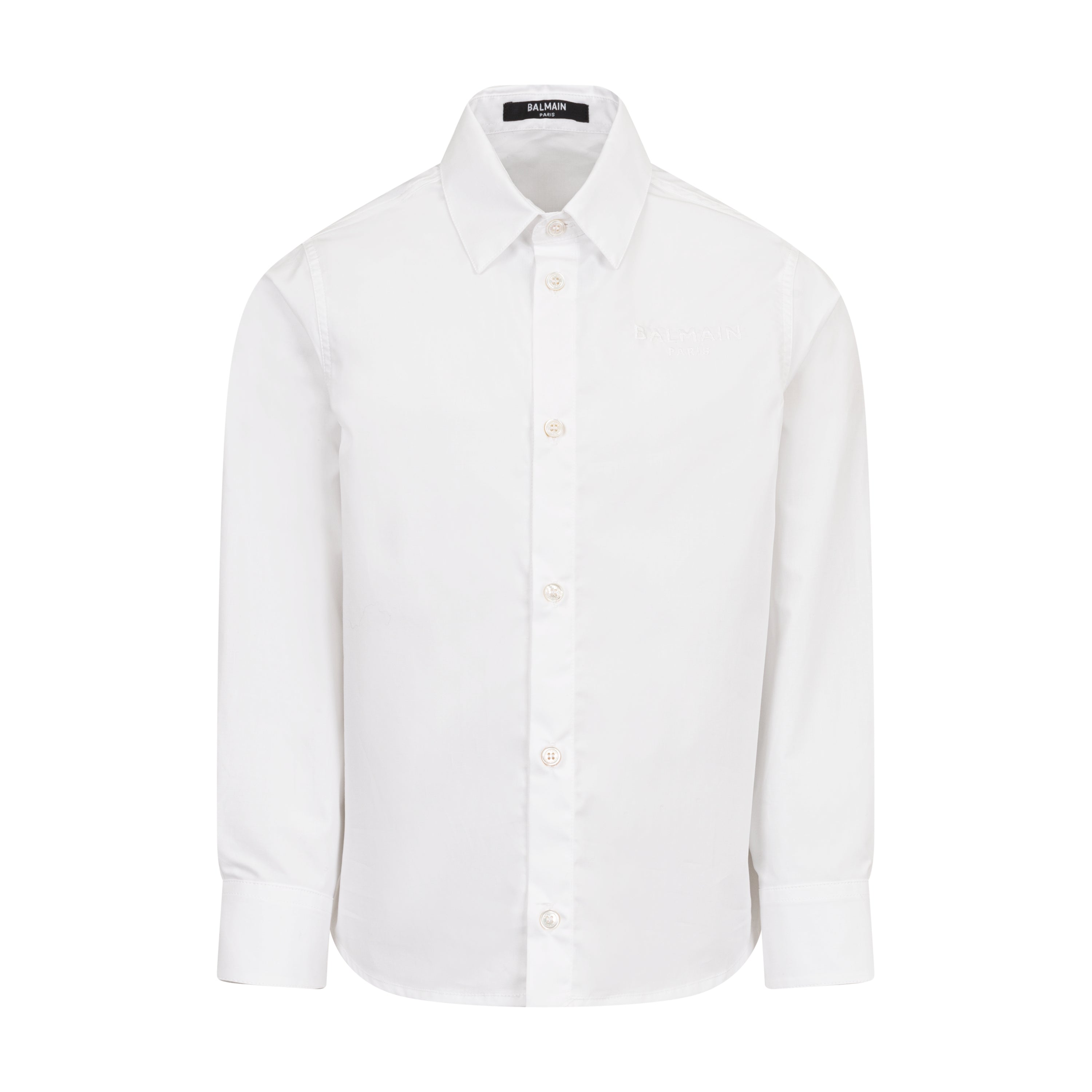 Children’s White Cotton Button-Down Shirt with Embroidered Chest Logo Balmain