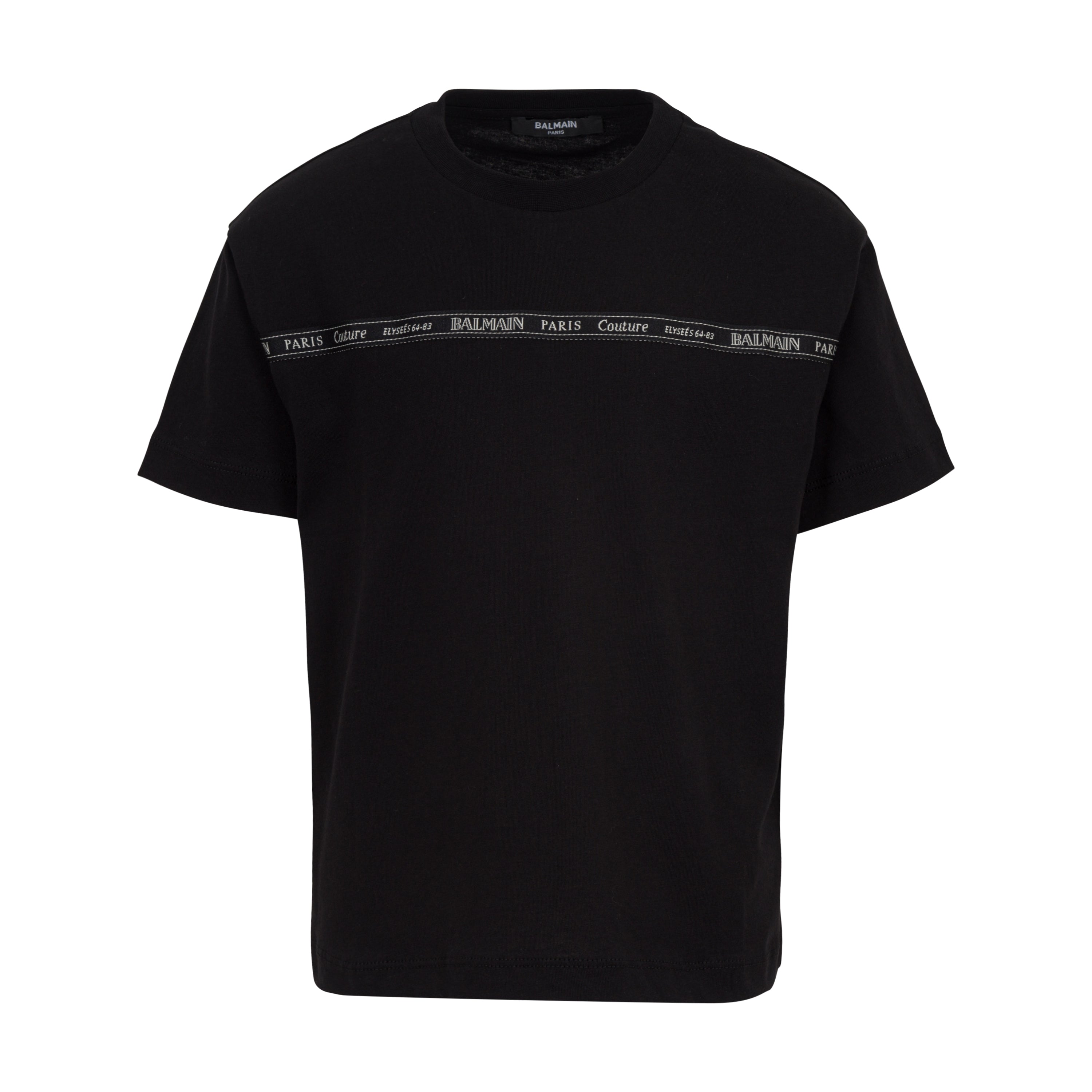 Black t-shirt with Balmain logo on a white background