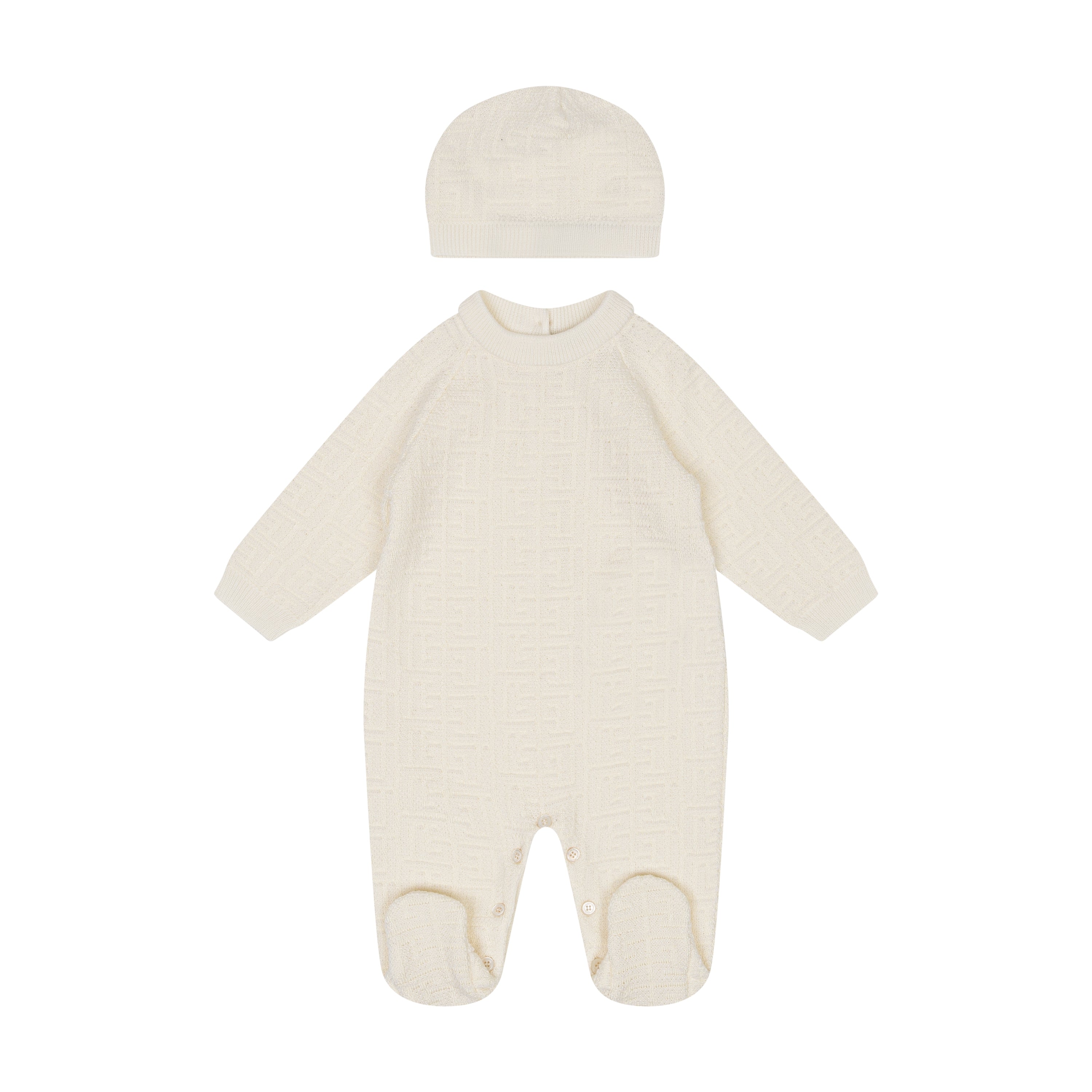 Cream-colored baby onesie with matching hat on a white background