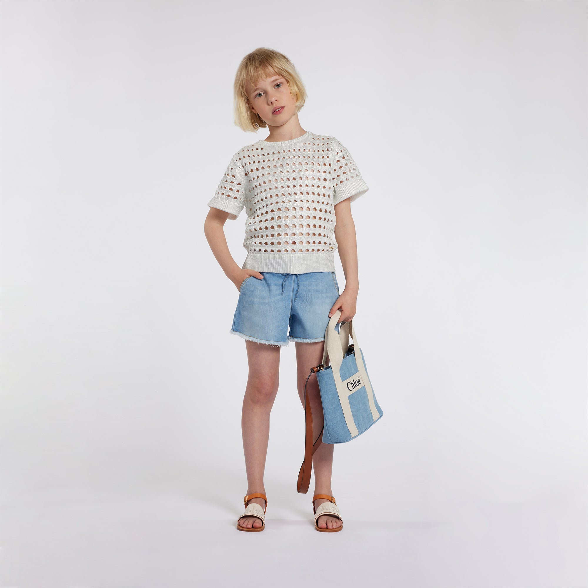 Denim Shorts with Gold Embroidery and Fringed Hem Chloe