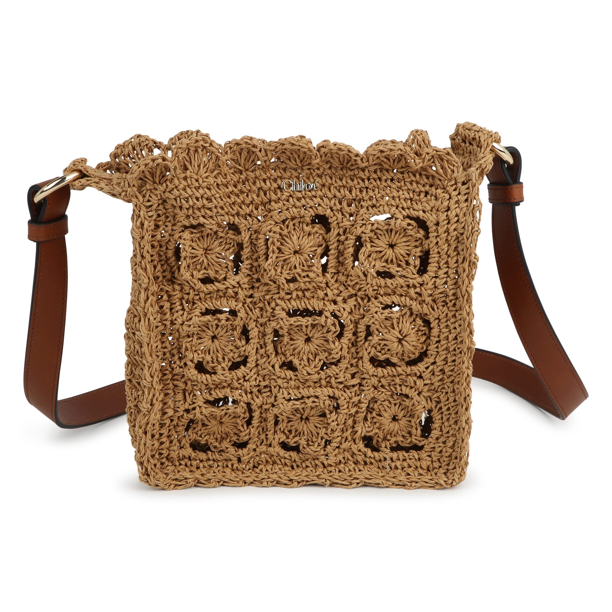 Raffia Shoulder Bag with Leather Strap and Flower Detail
