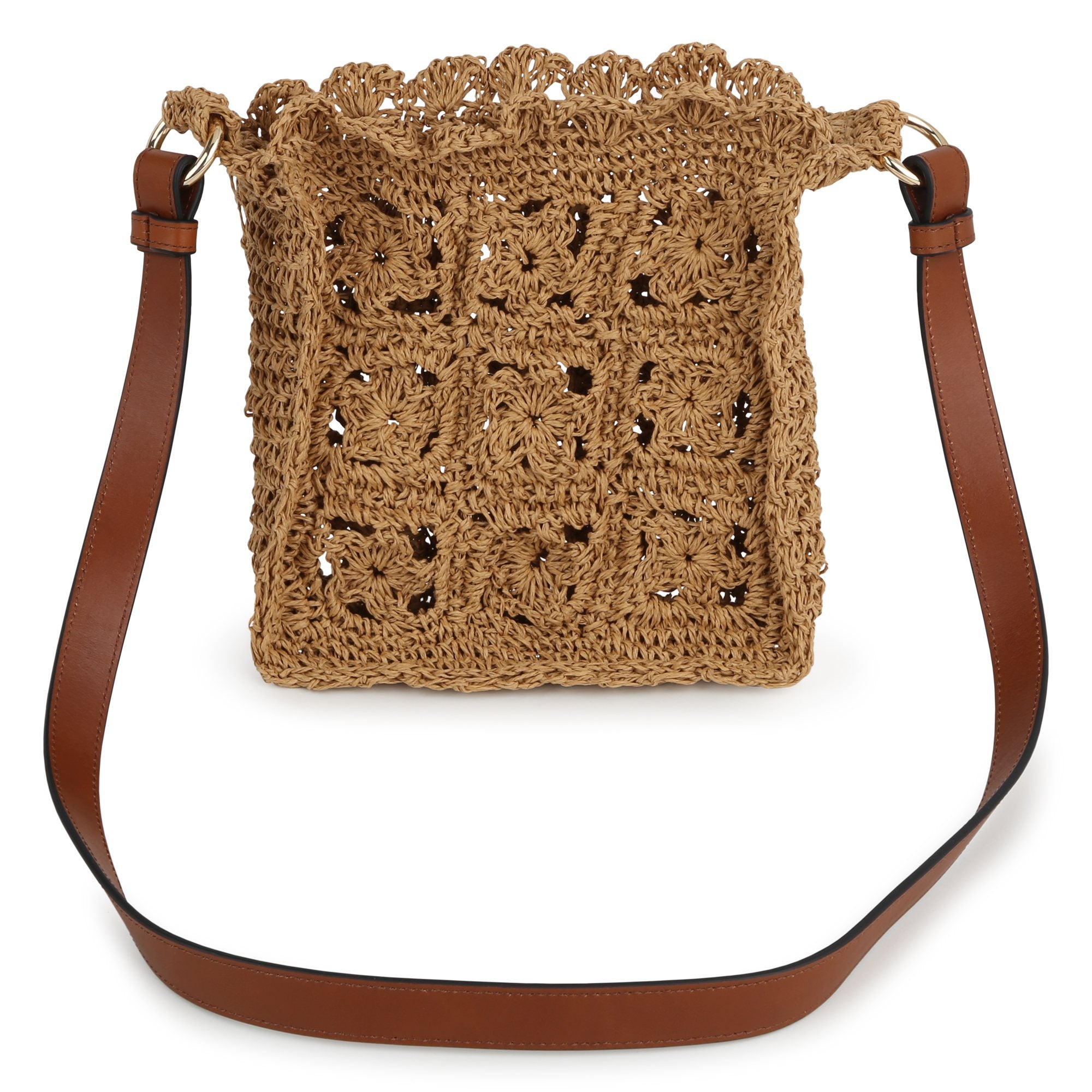 Raffia Shoulder Bag with Leather Strap and Flower Detail
