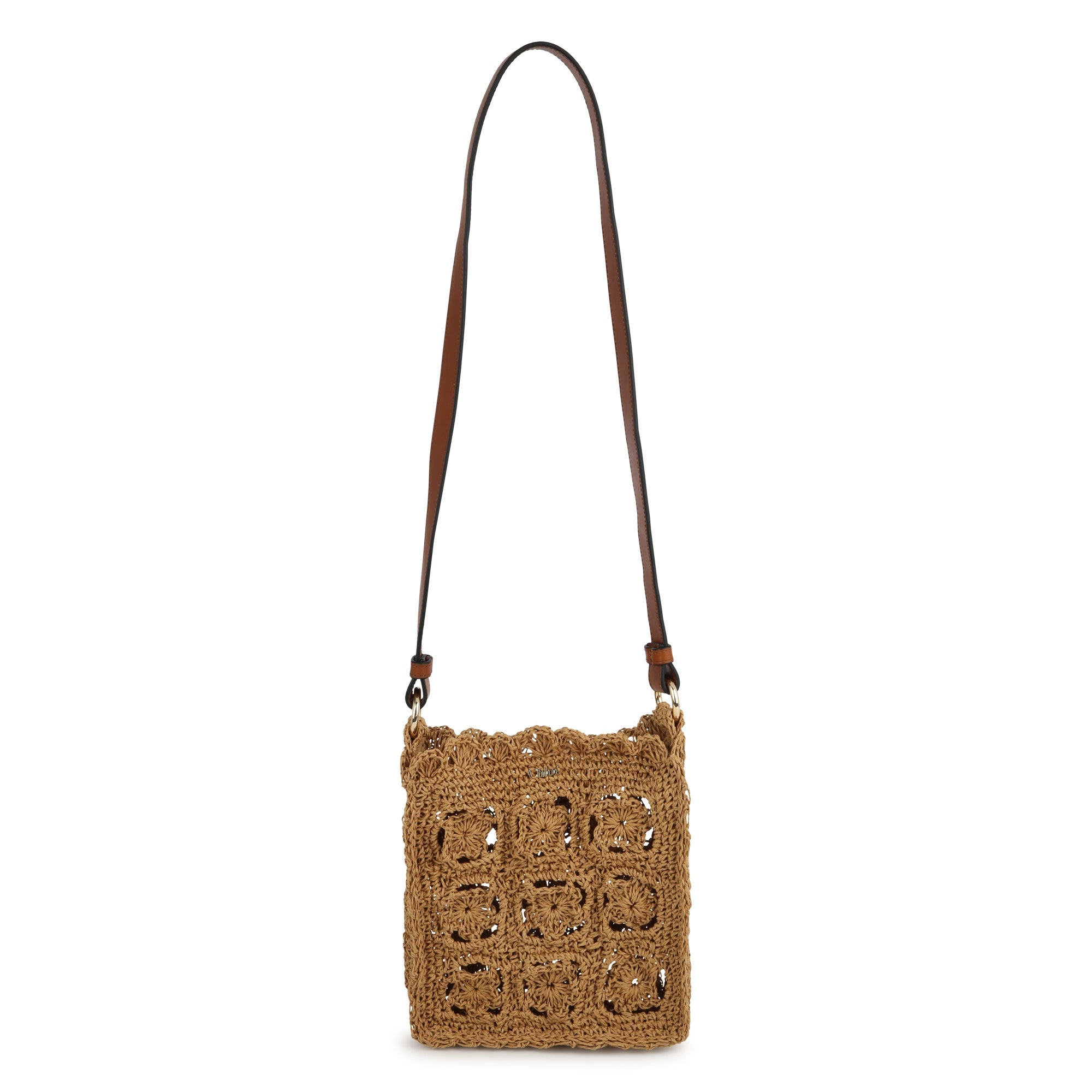 Raffia Shoulder Bag with Leather Strap and Flower Detail