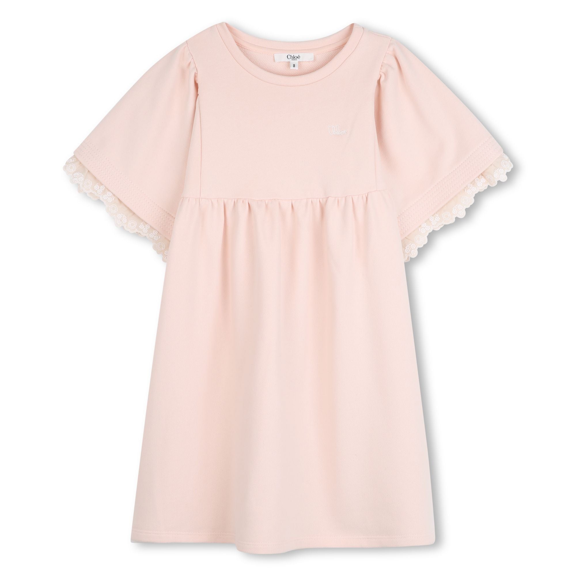 Pale Pink Cotton Short Sleeve Dress with Broderie Anglaise Trim Chloé