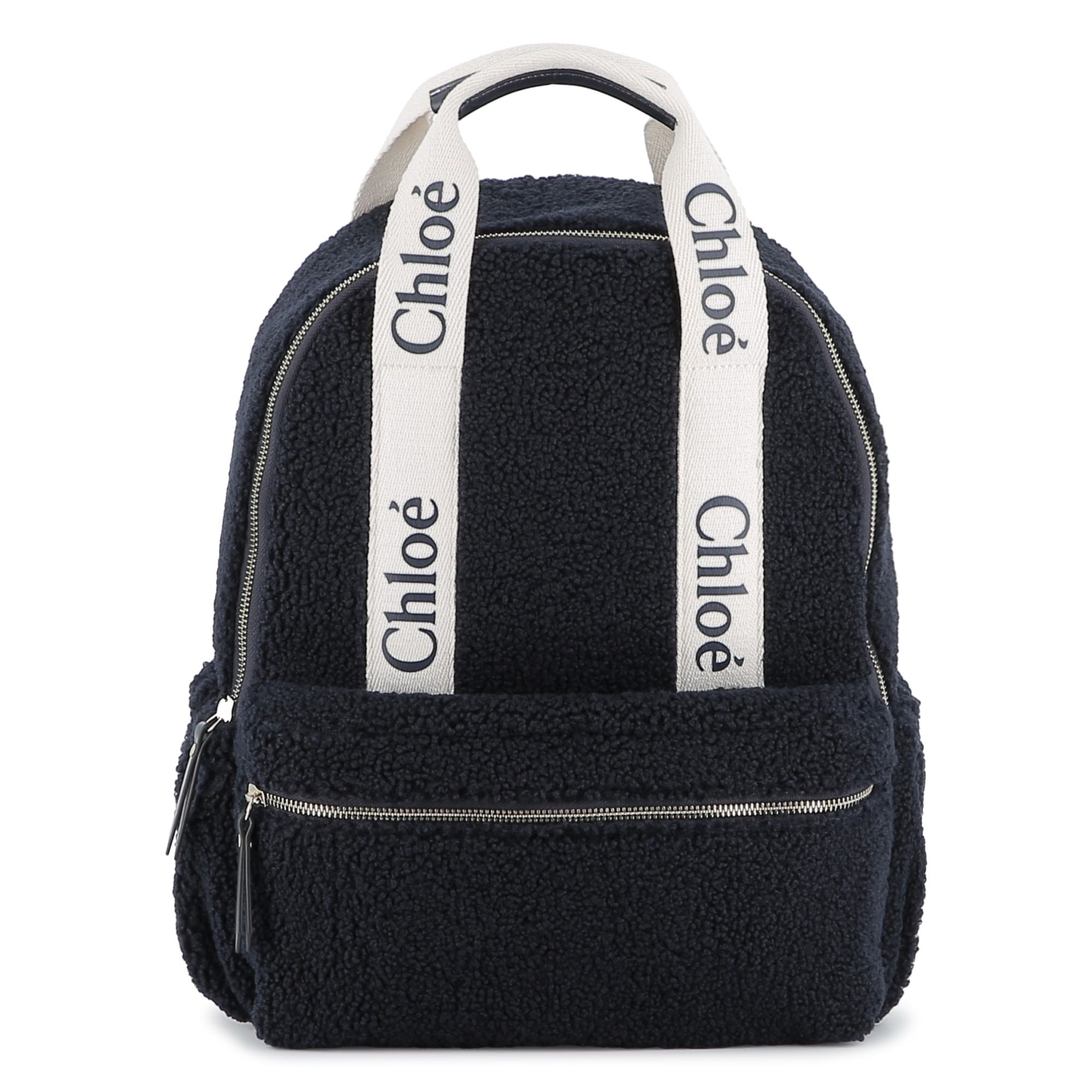 Navy Faux Shearling Backpack with Branded Grosgrain Handles
