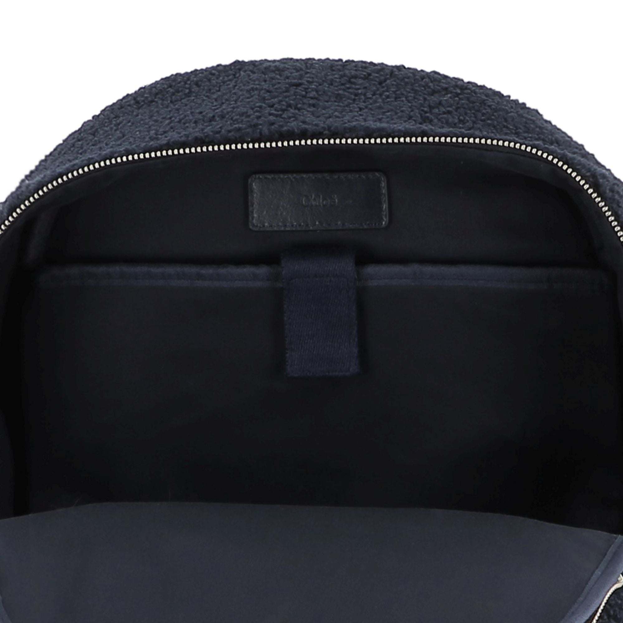 Navy Faux Shearling Backpack with Branded Grosgrain Handles