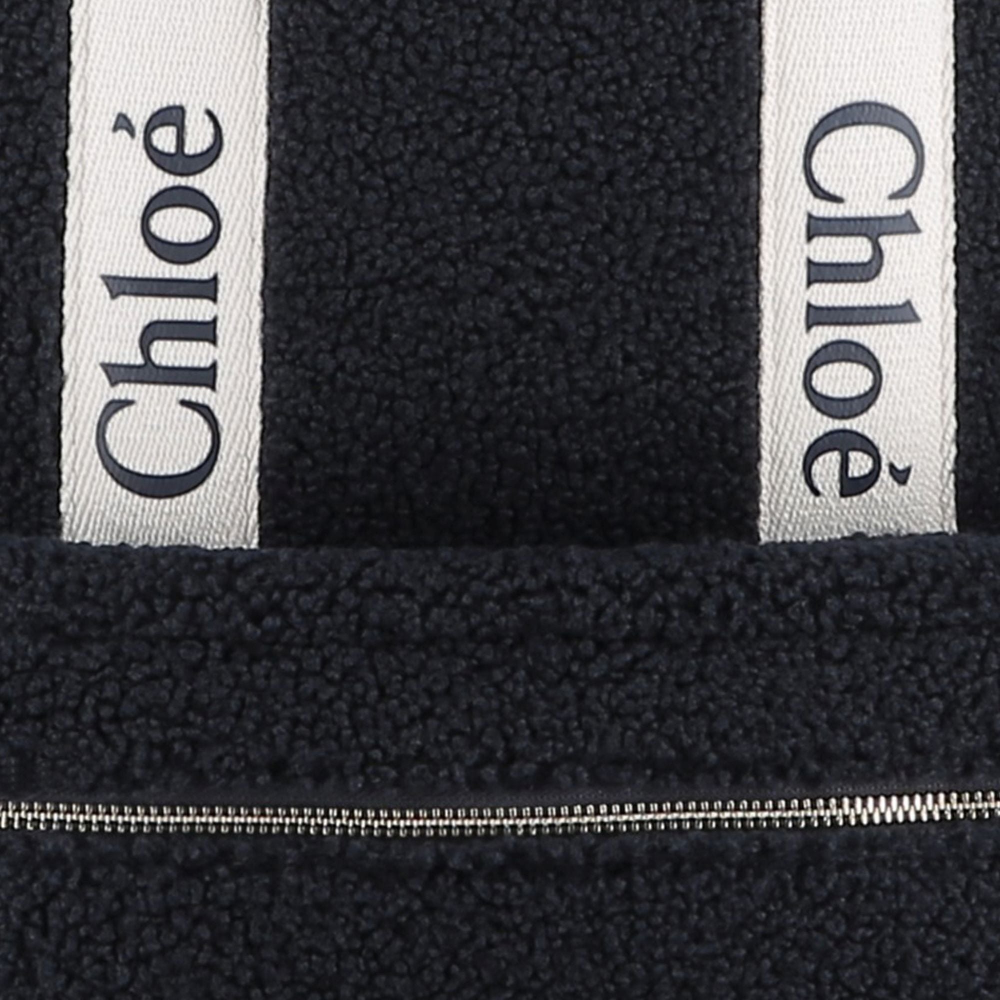 Navy Faux Shearling Backpack with Branded Grosgrain Handles
