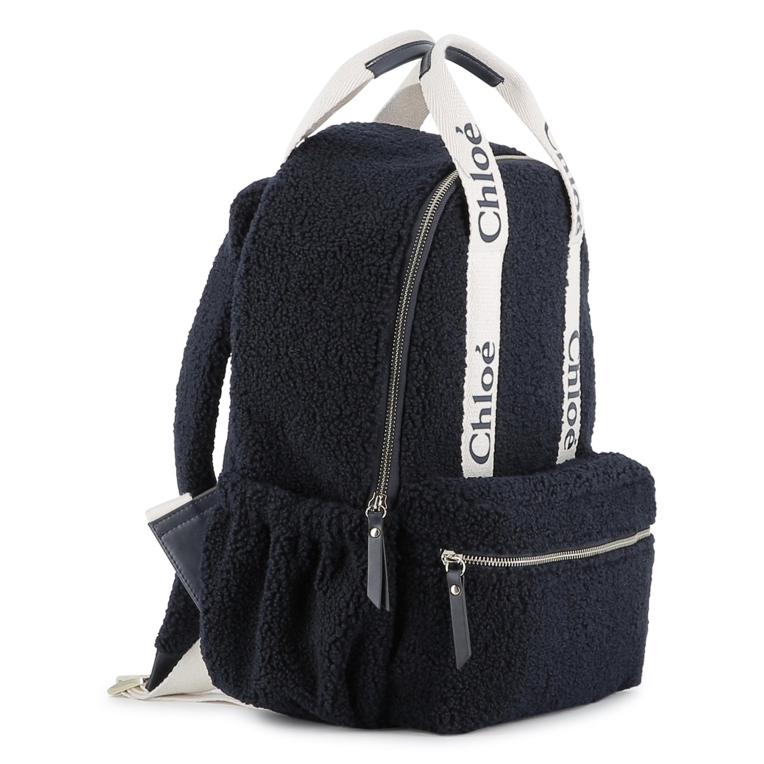 Navy Faux Shearling Backpack with Branded Grosgrain Handles