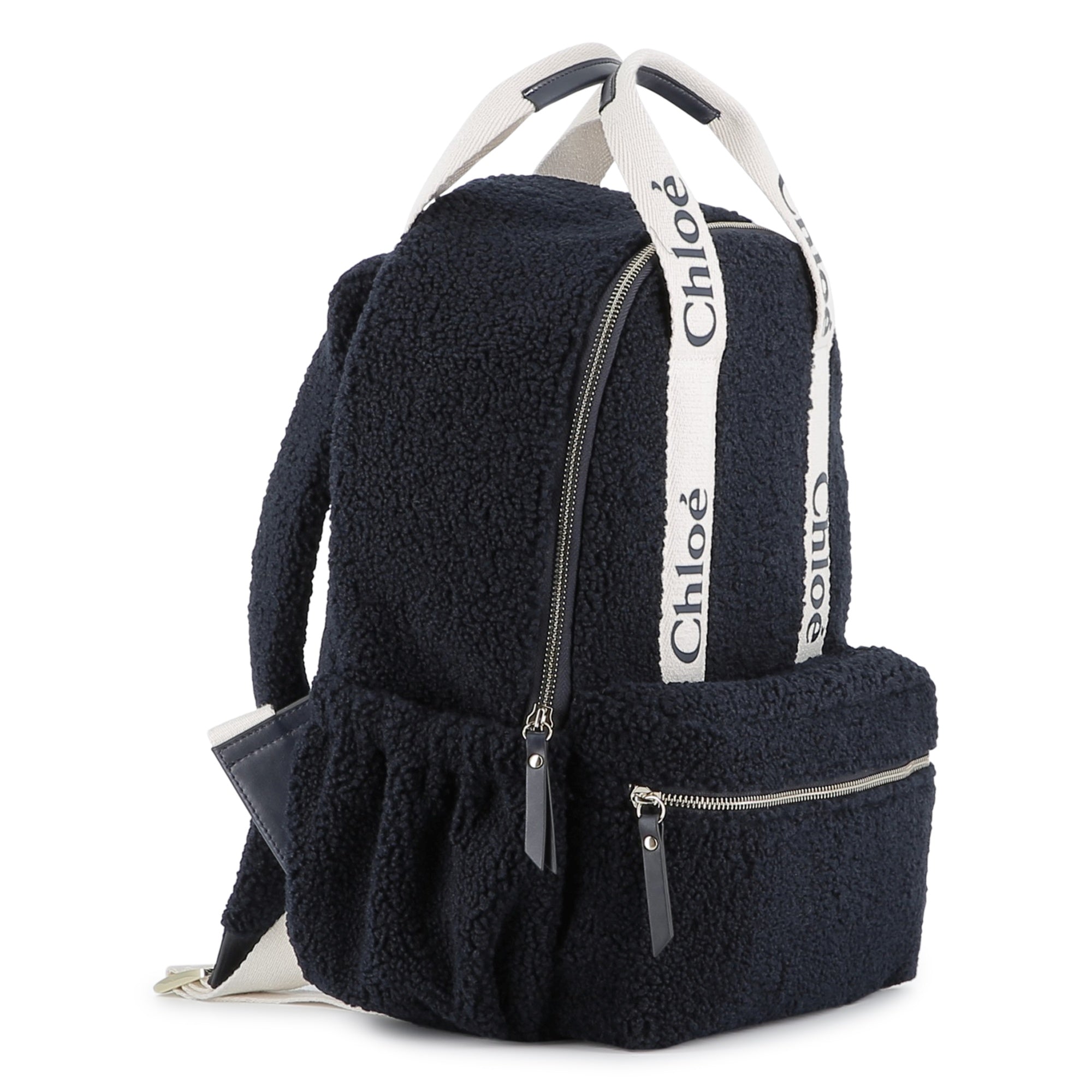 Navy Faux Shearling Backpack with Branded Grosgrain Handles