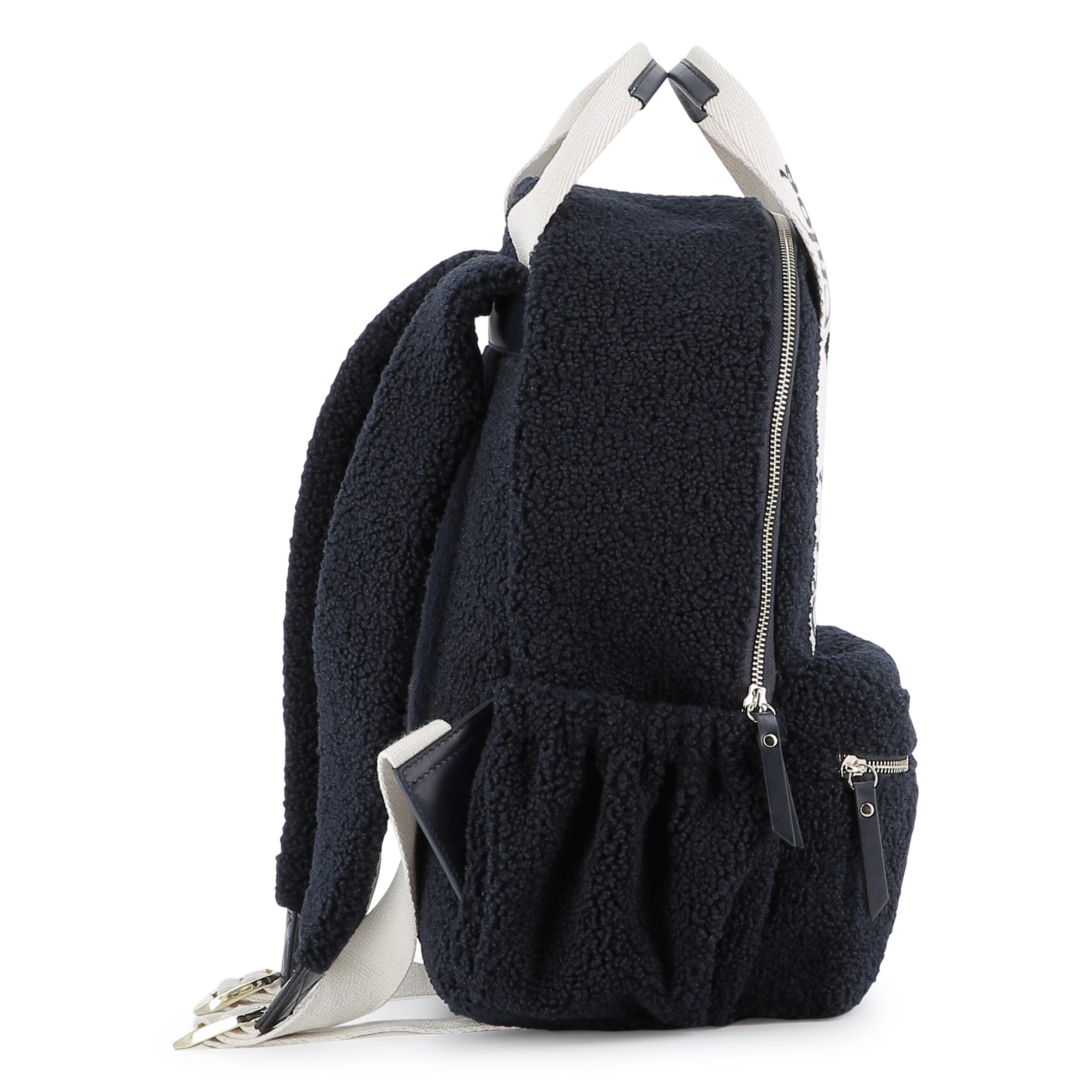 Navy Faux Shearling Backpack with Branded Grosgrain Handles