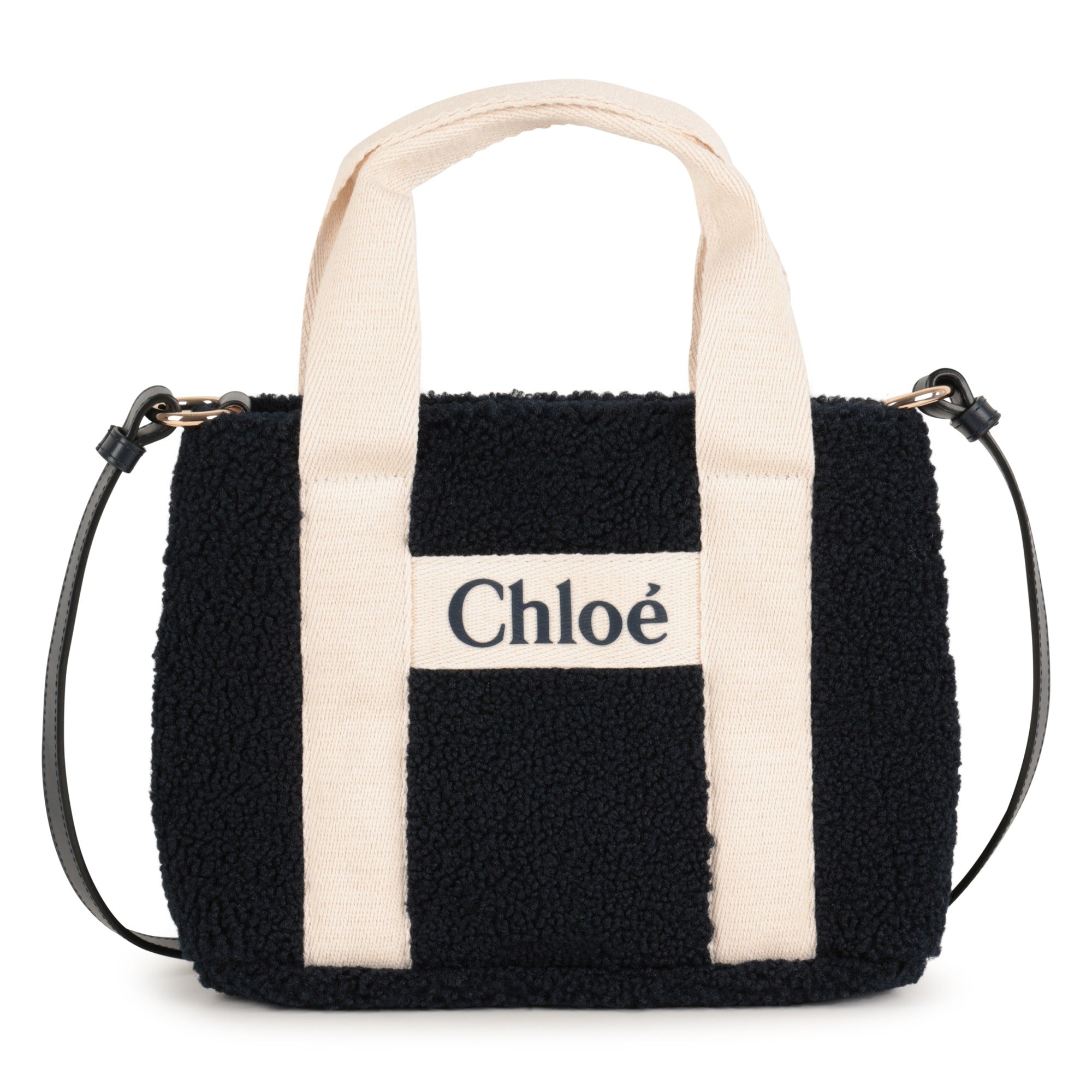 Faux Shearling Tote Bag with Leather Strap and Logo Handles