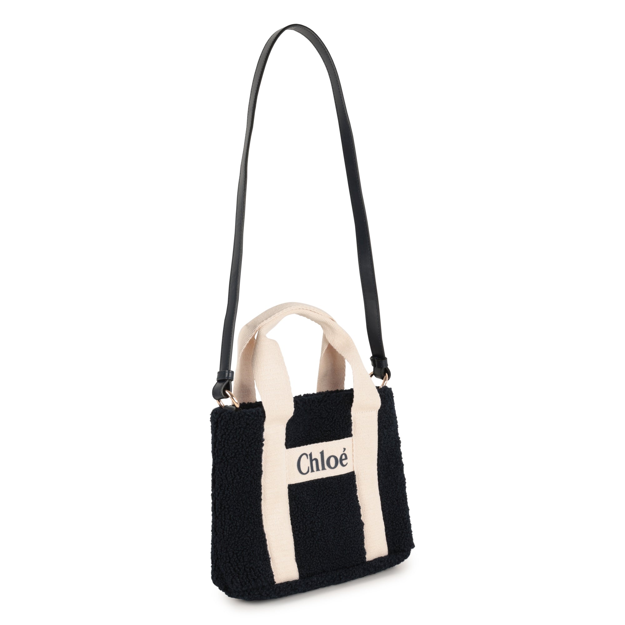 Faux Shearling Tote Bag with Leather Strap and Logo Handles Chloe