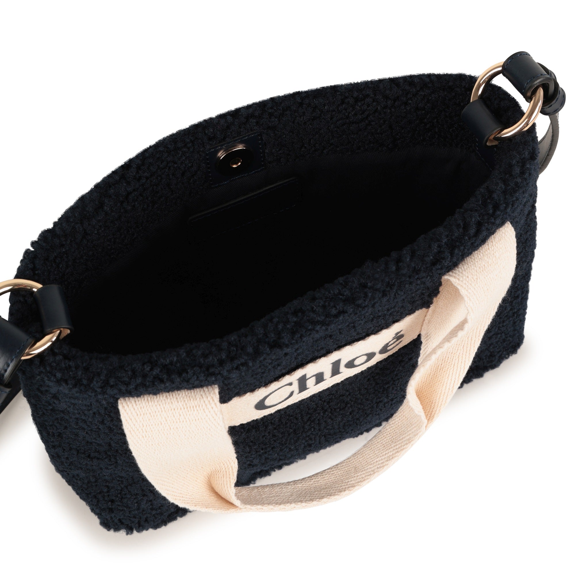 Faux Shearling Tote Bag with Leather Strap and Logo Handles