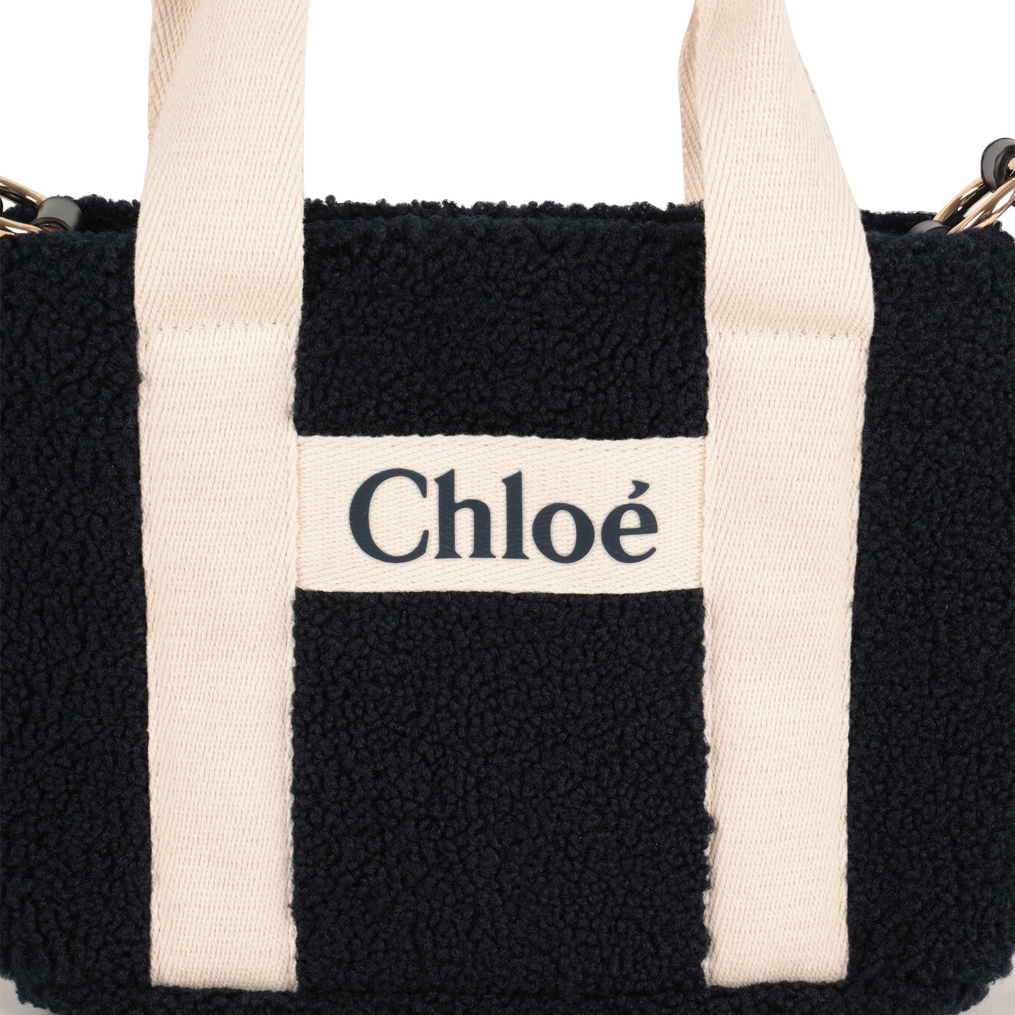 Faux Shearling Tote Bag with Leather Strap and Logo Handles