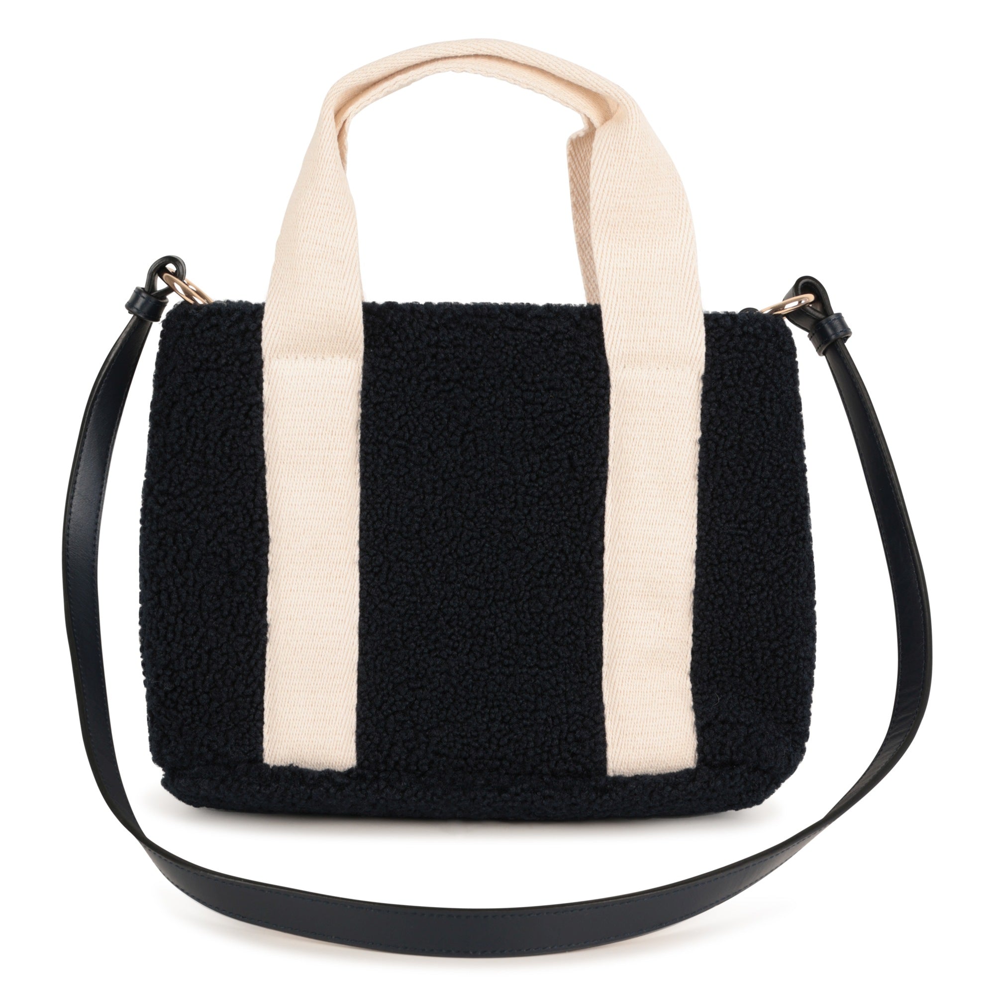 Faux Shearling Tote Bag with Leather Strap and Logo Handles