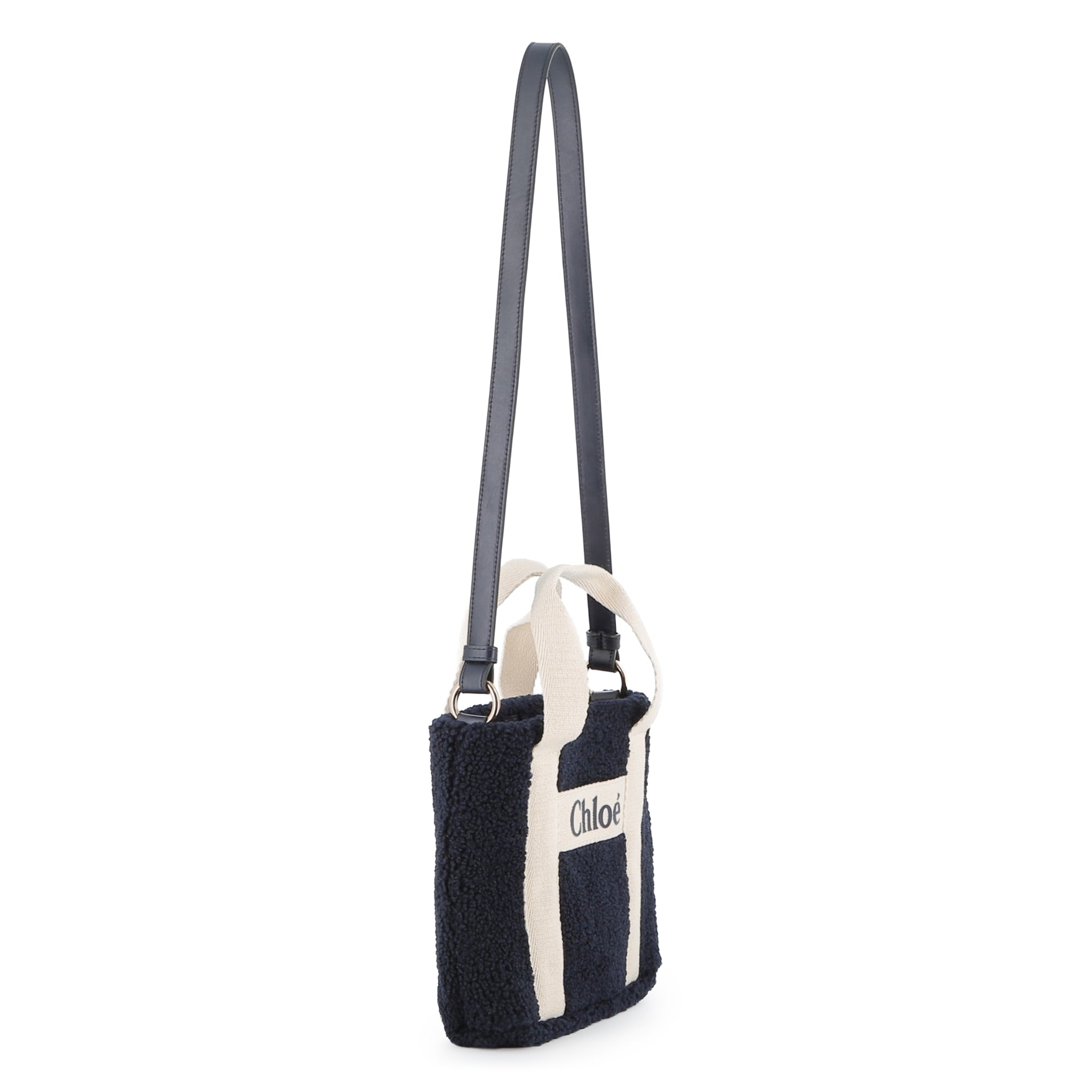 Faux Shearling Tote Bag with Leather Strap and Logo Handles