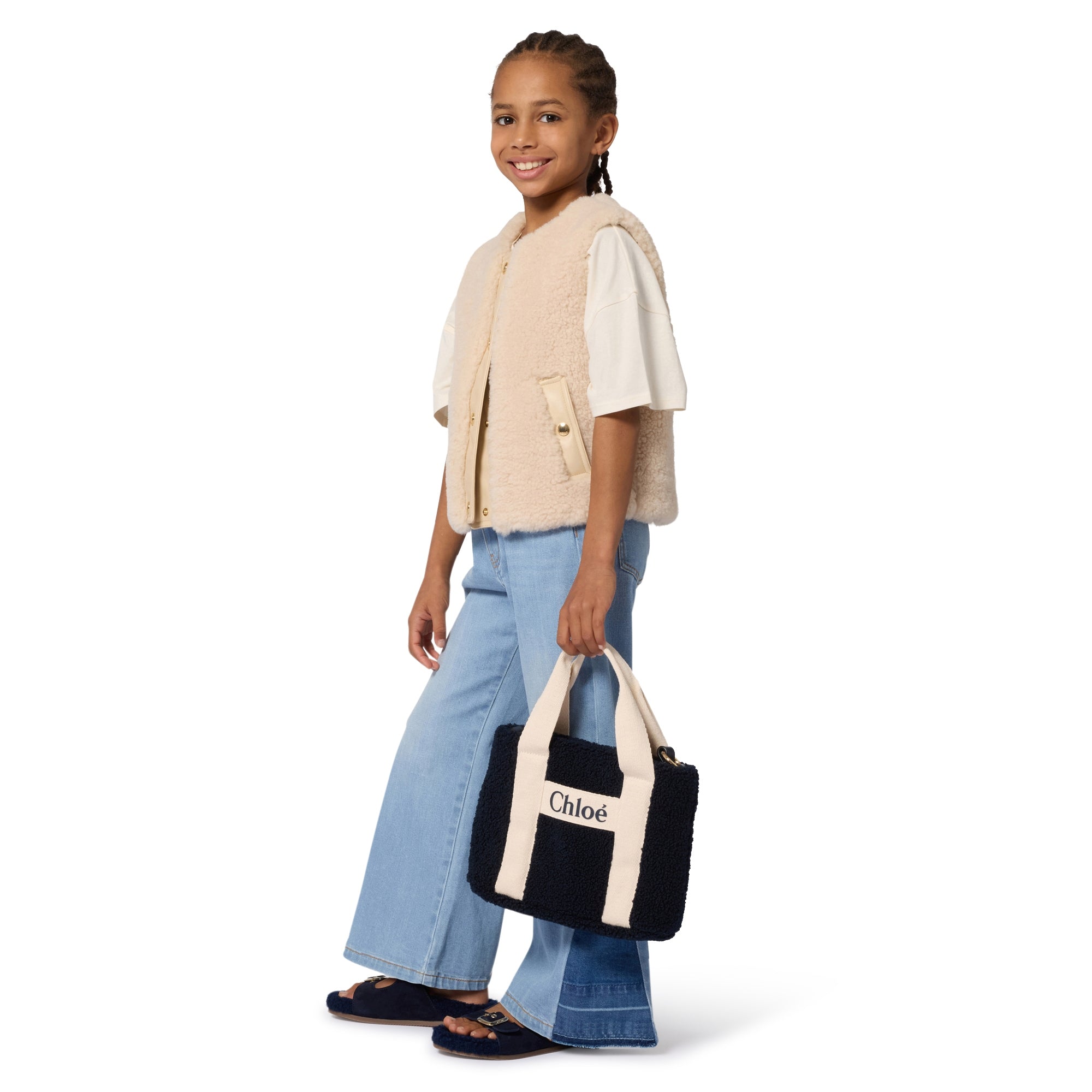 Faux Shearling Tote Bag with Leather Strap and Logo Handles