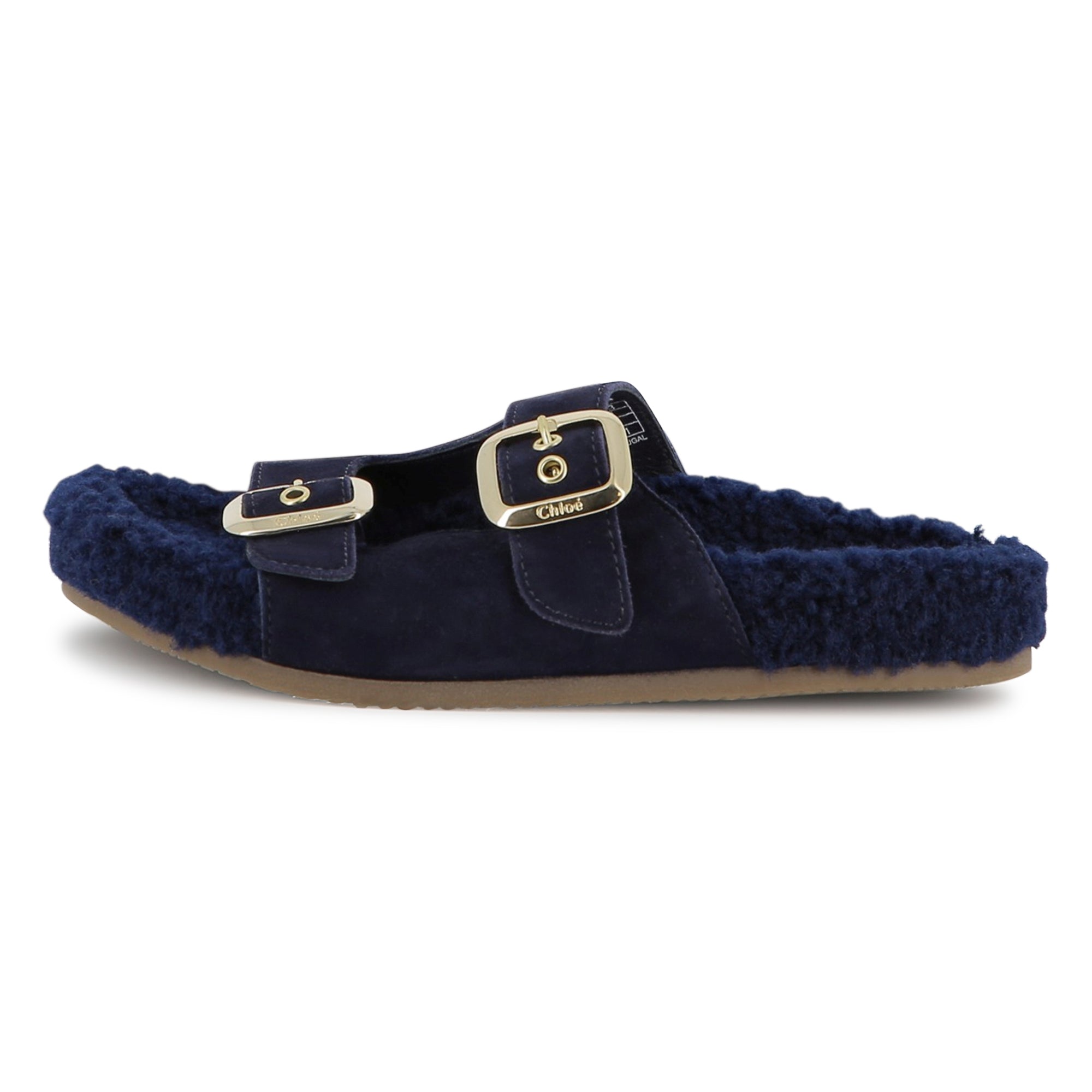 Navy Suede Sandals with Faux Shearling Insole and Gold Buckles