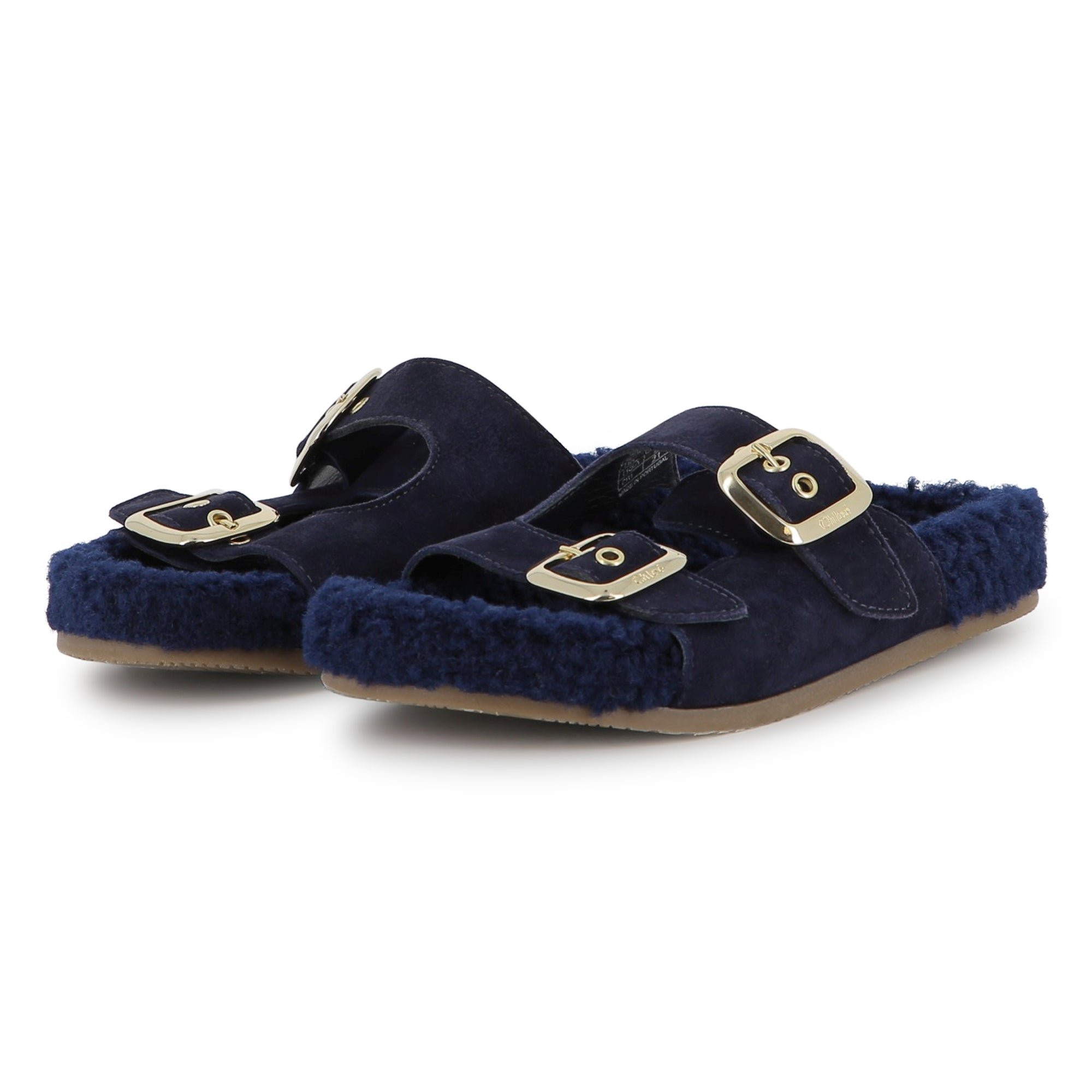 Navy Suede Sandals with Faux Shearling Insole and Gold Buckles