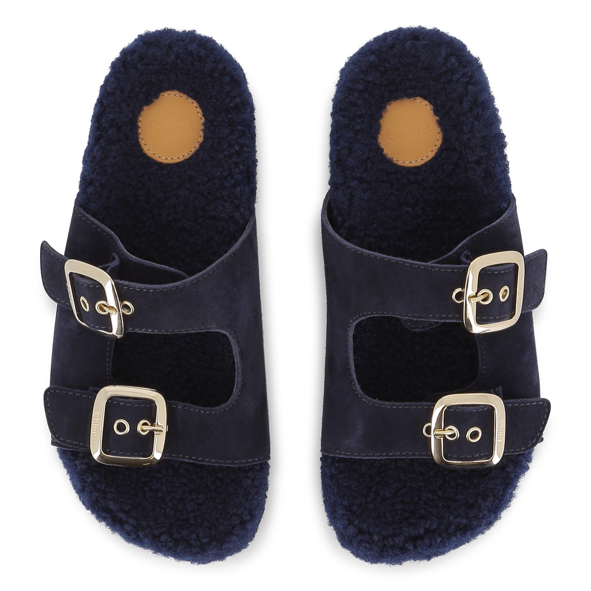 Navy Suede Sandals with Faux Shearling Insole and Gold Buckles