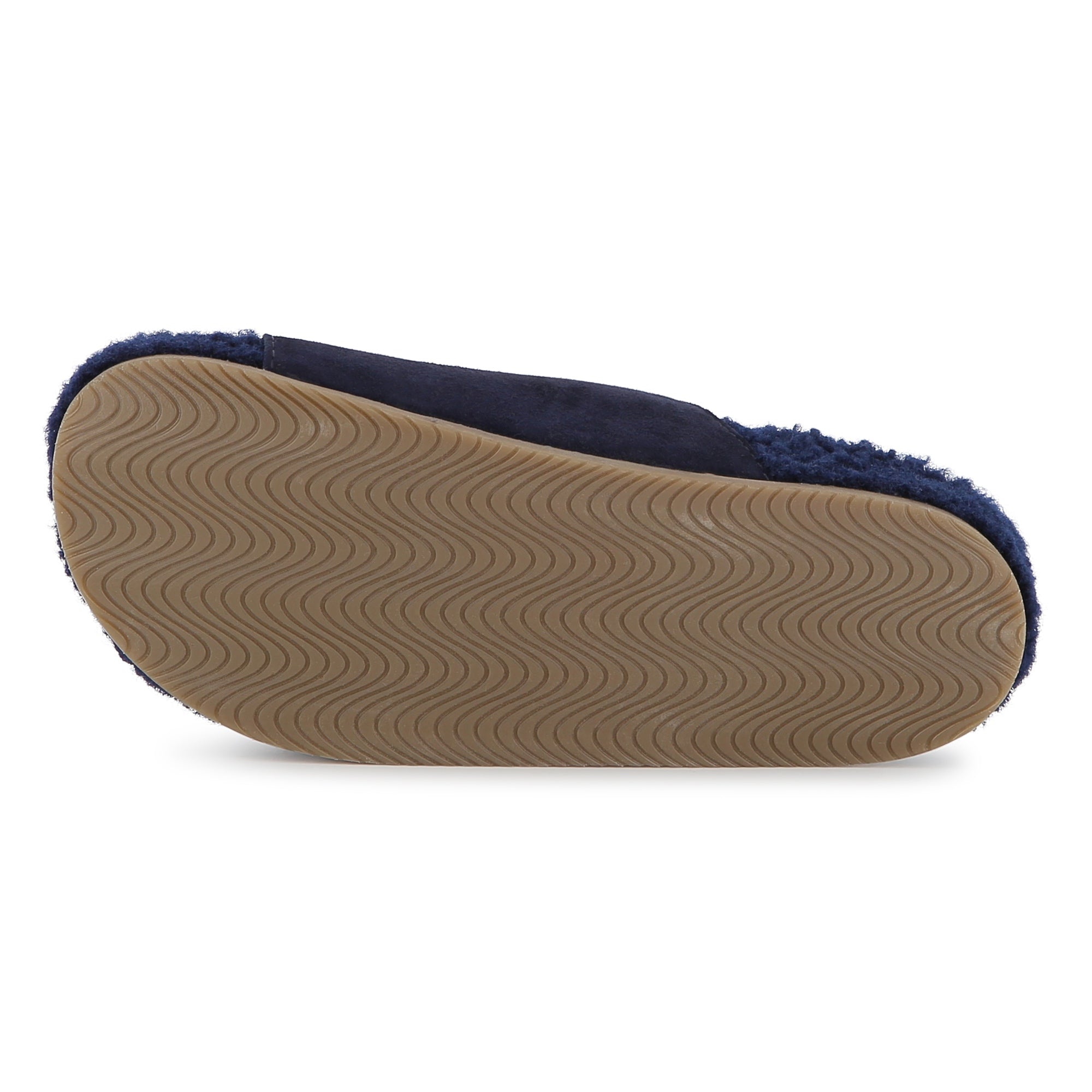 Navy Suede Sandals with Faux Shearling Insole and Gold Buckles