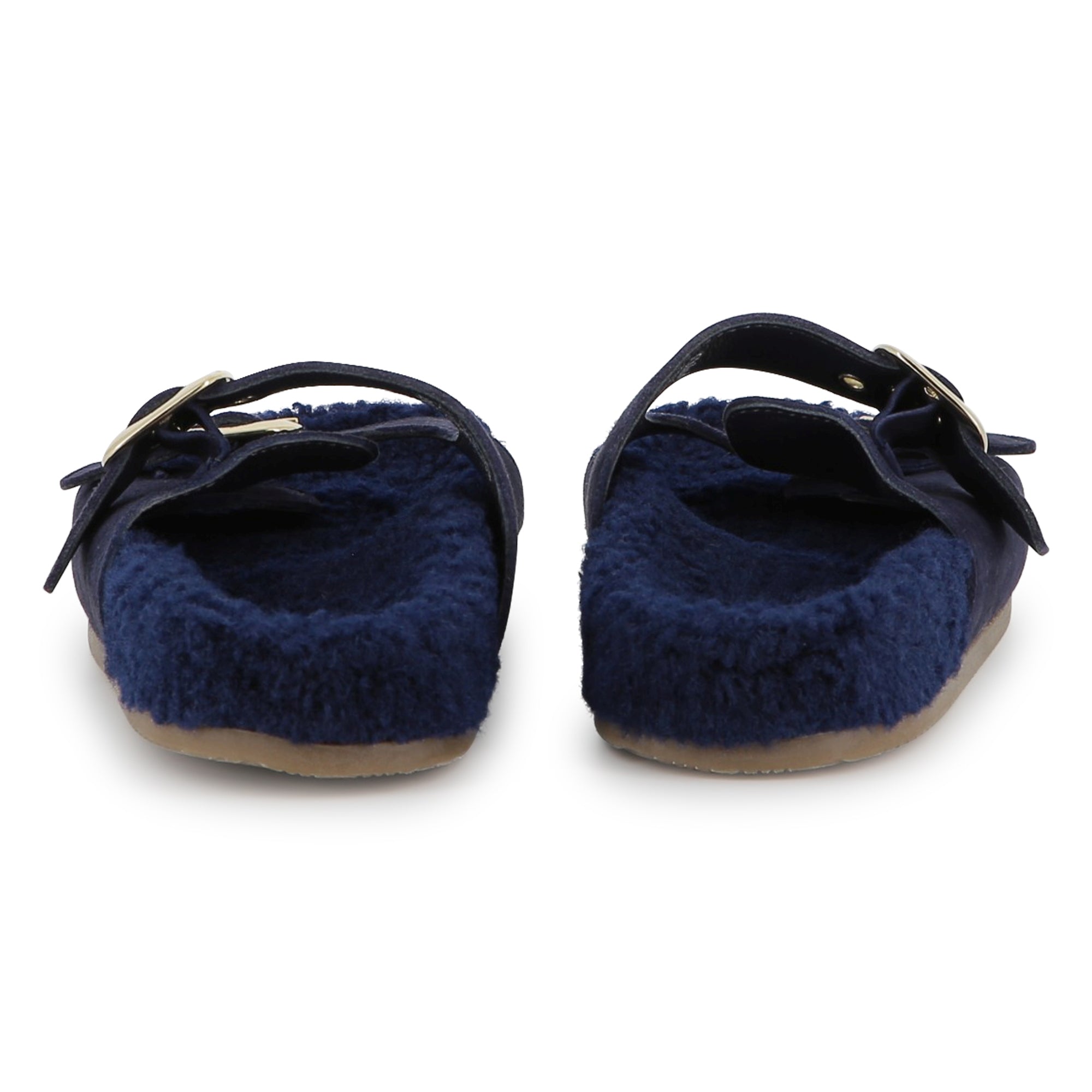 Navy Suede Sandals with Faux Shearling Insole and Gold Buckles