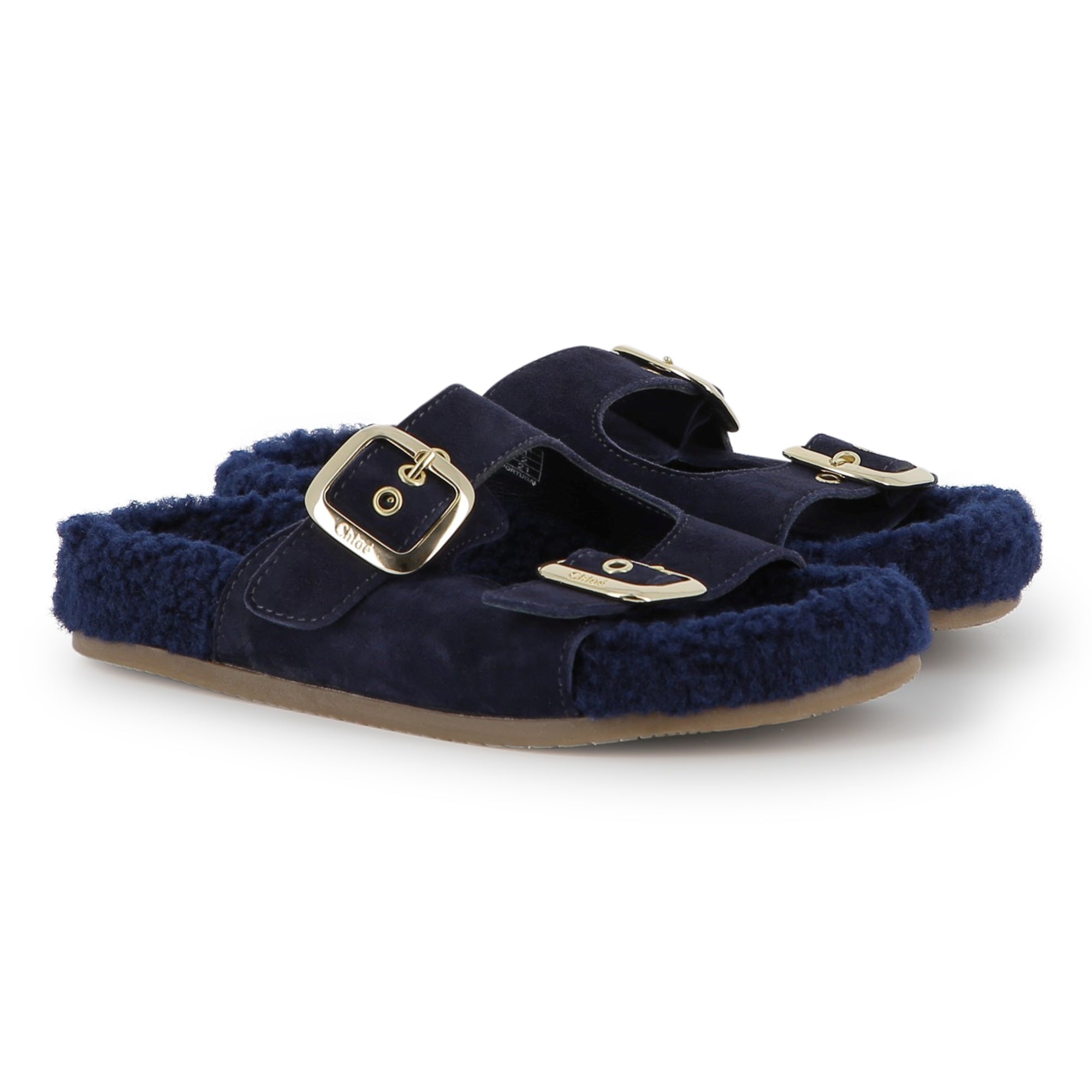 Navy Suede Sandals with Faux Shearling Insole and Gold Buckles