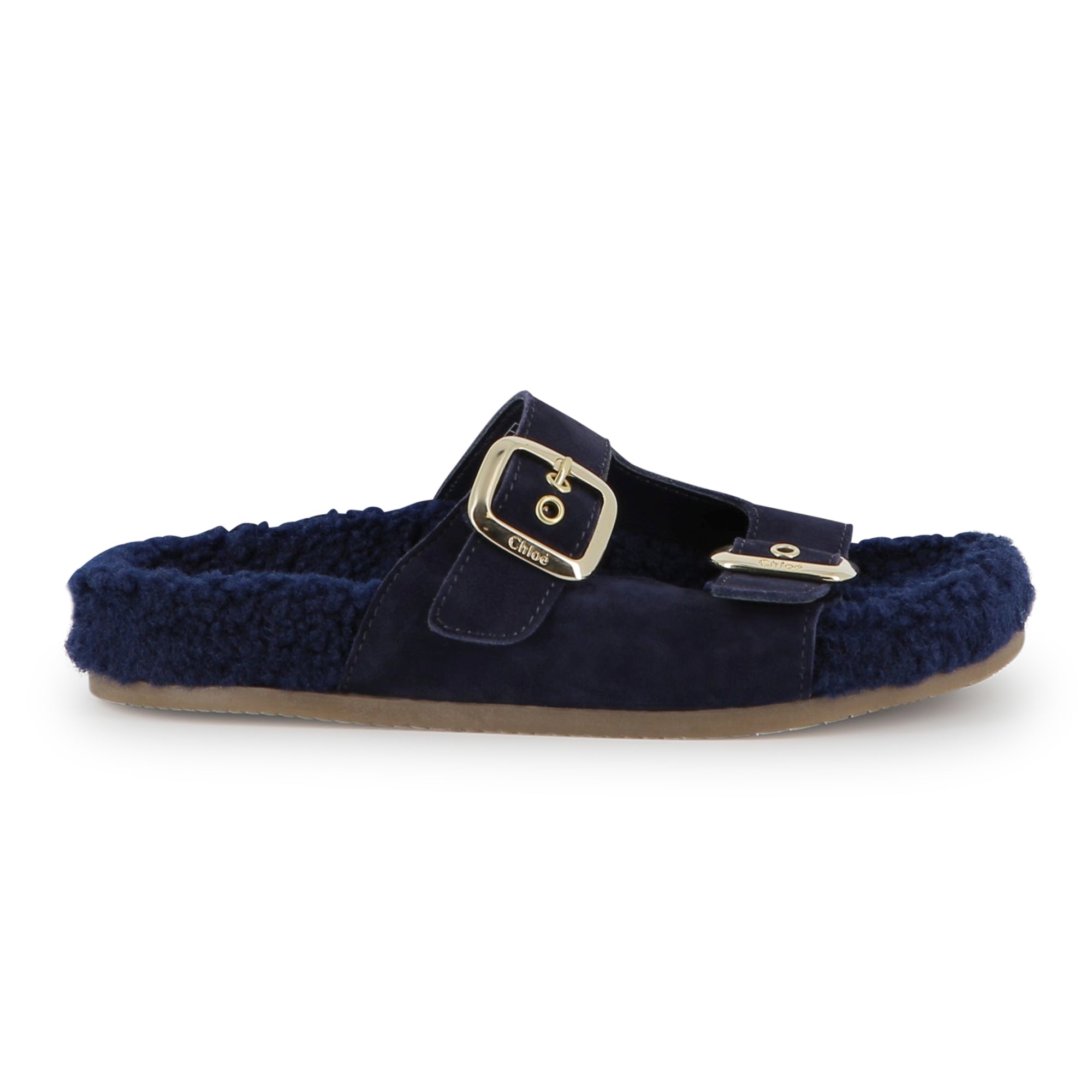 Navy Suede Sandals with Faux Shearling Insole and Gold Buckles
