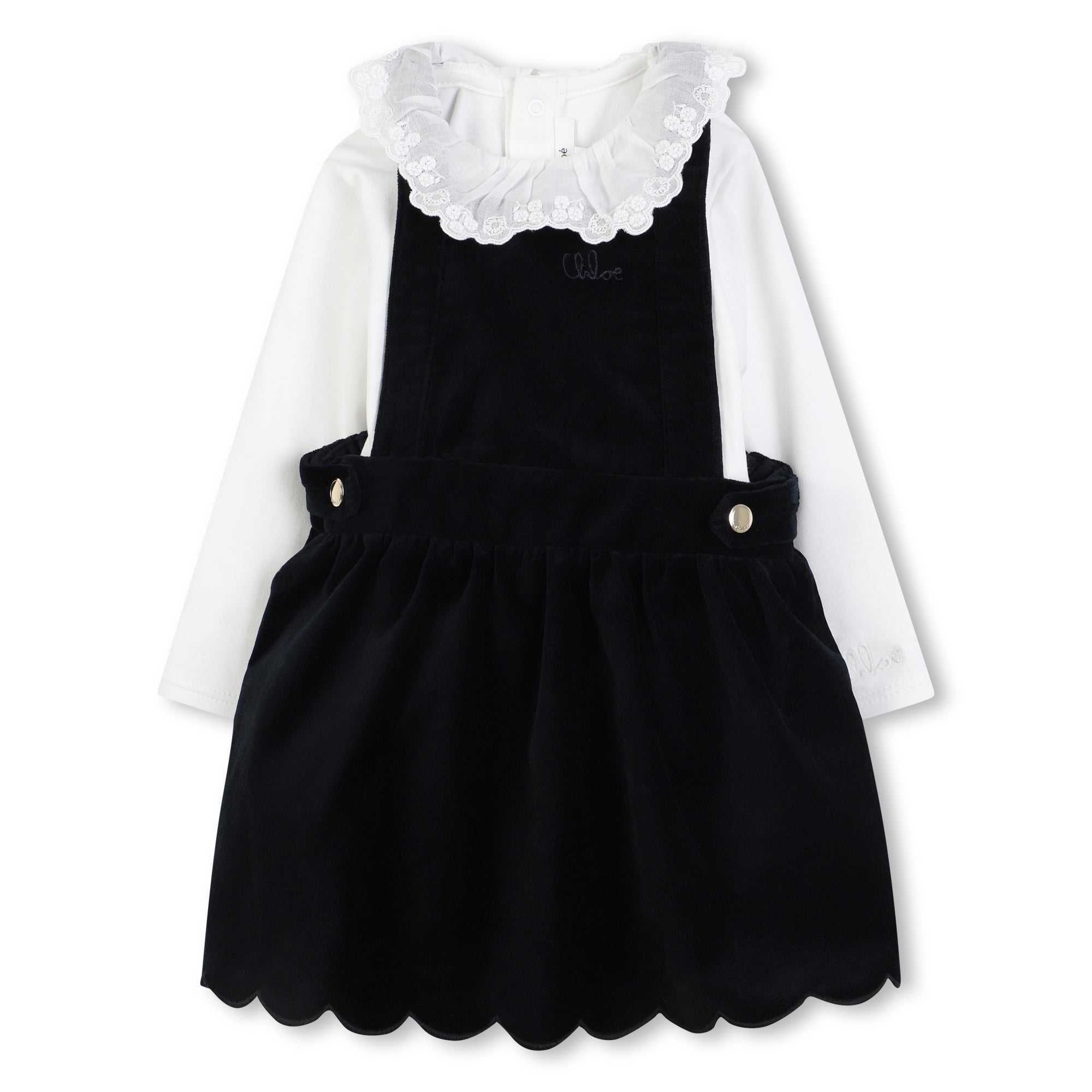 Black Velvet Pinafore Dress with White Top and Pink Leggings Three Piece Set