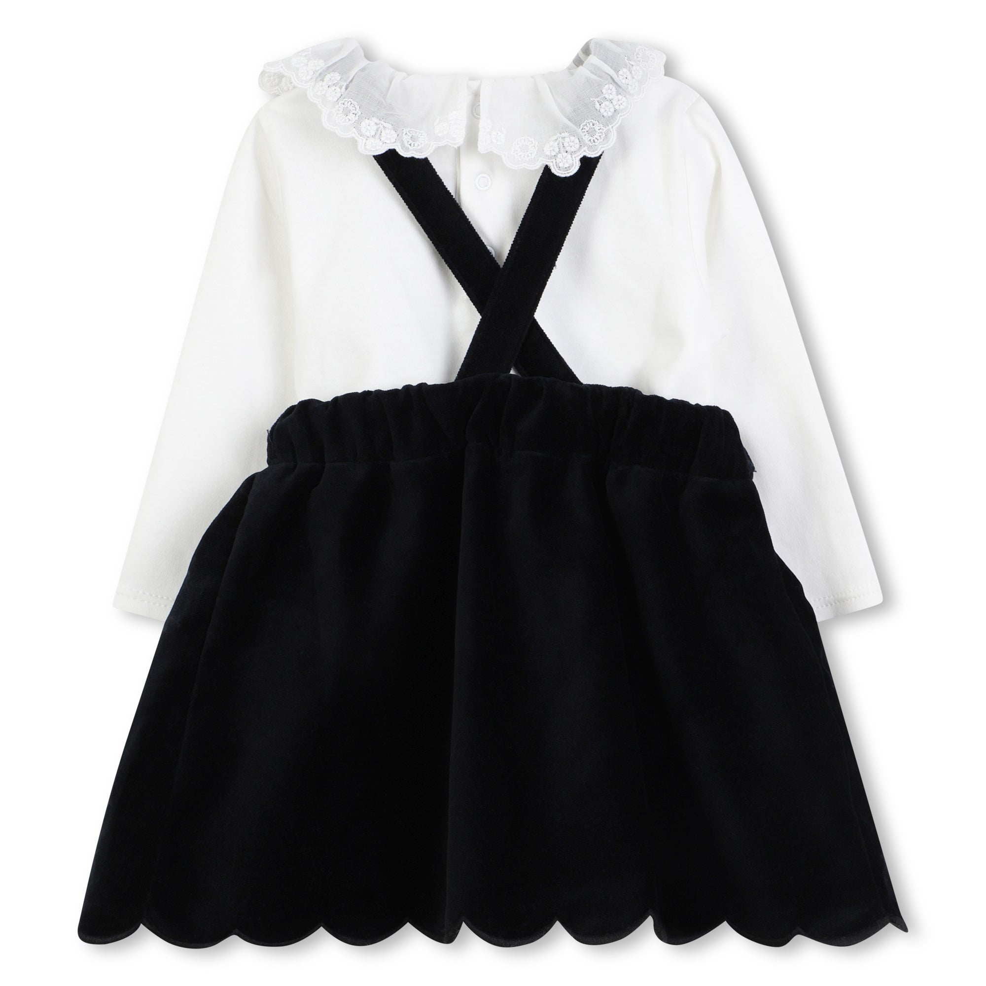 Black Velvet Pinafore Dress with White Top and Pink Leggings Three Piece Set