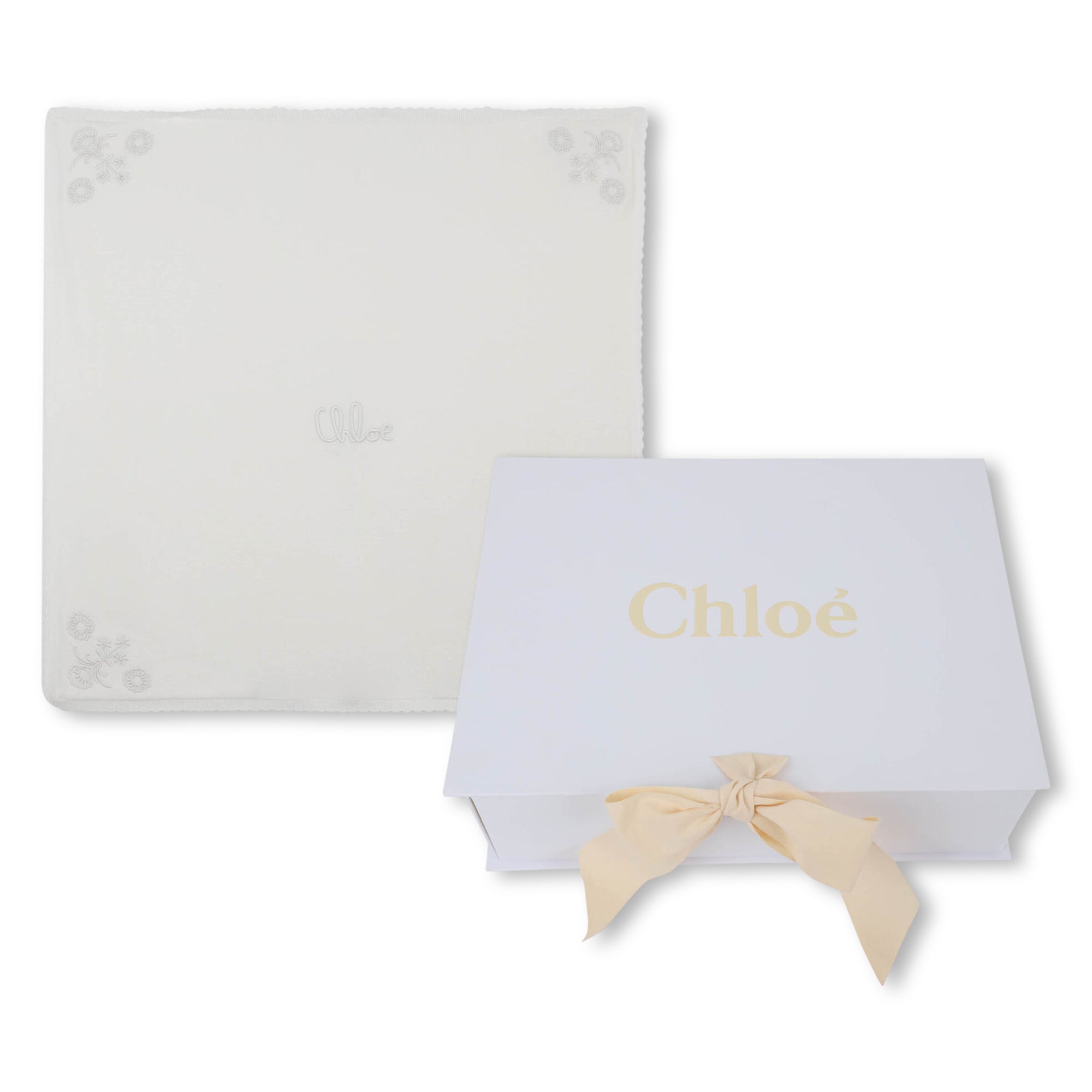 Ivory Cotton and Cashmere Baby Blanket with Embroidered Corner Details Chloé