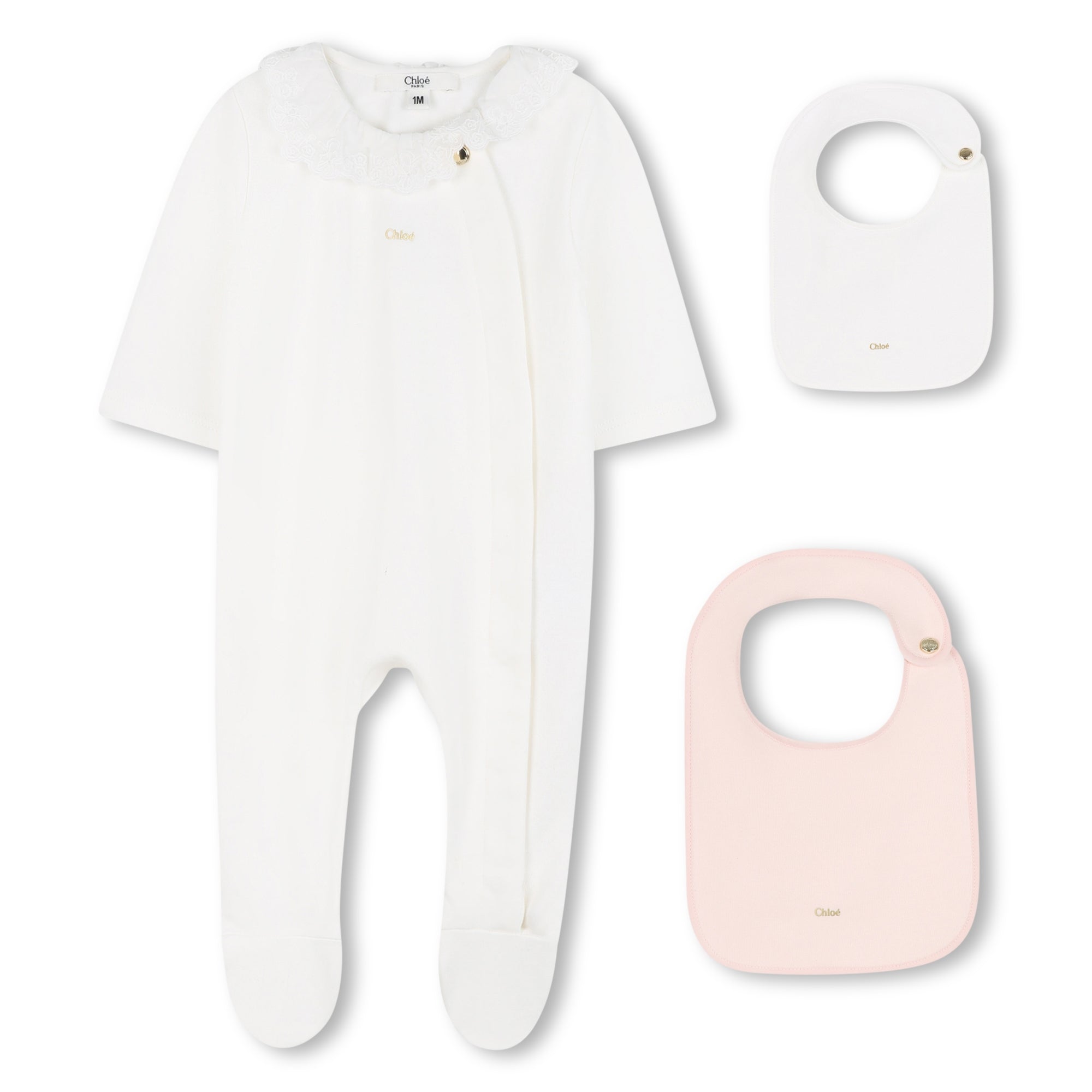 White Cotton Babygrow with Two Bibs Gift Set in Ivory and Pink Chloé