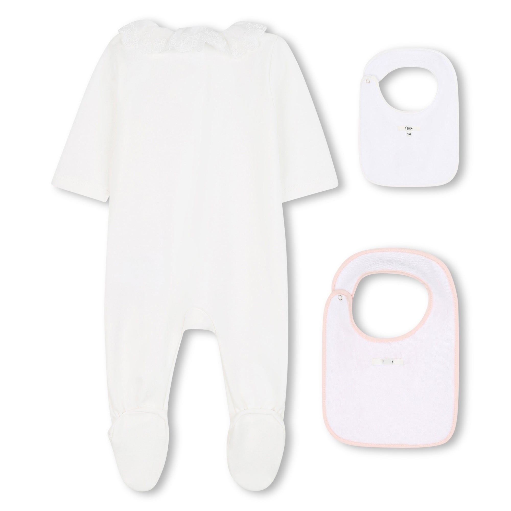 White Cotton Babygrow with Two Bibs Gift Set in Ivory and Pink Chloé