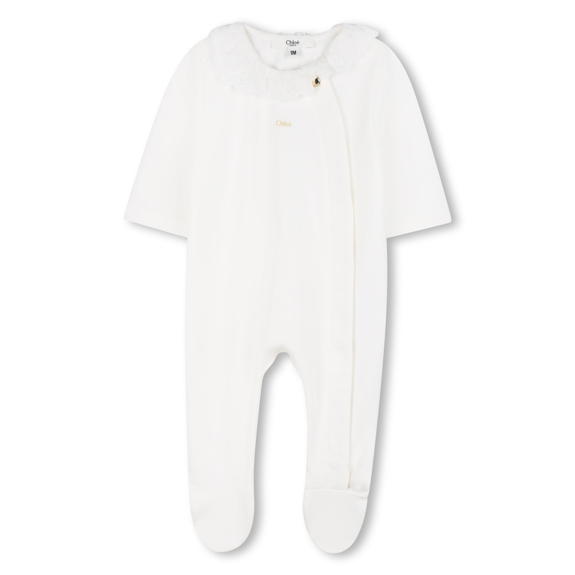 White Cotton Babygrow with Two Bibs Gift Set in Ivory and Pink Chloé