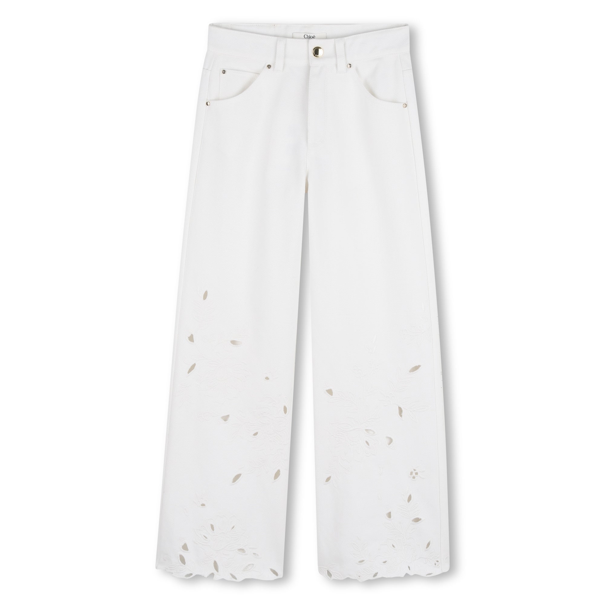 Wide-Leg Organic Twill Pants with Floral Embroidery Chloe