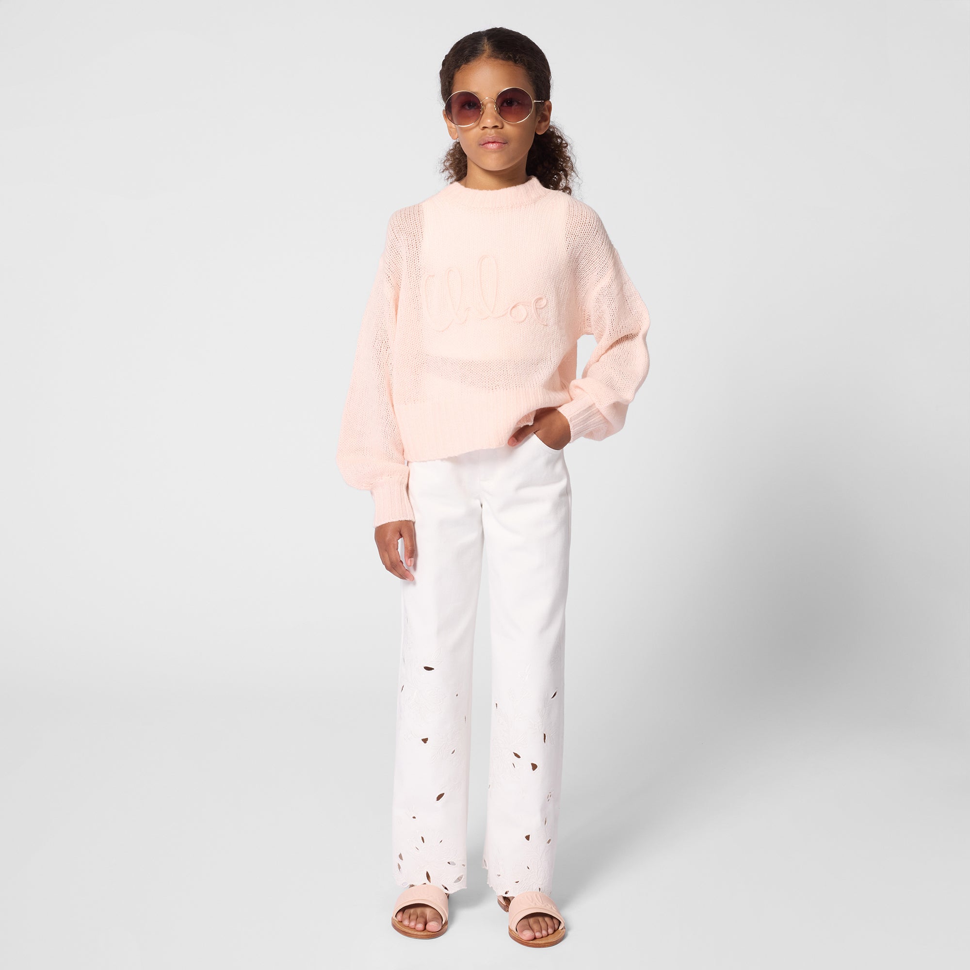 Wide-Leg Organic Twill Pants with Floral Embroidery Chloe