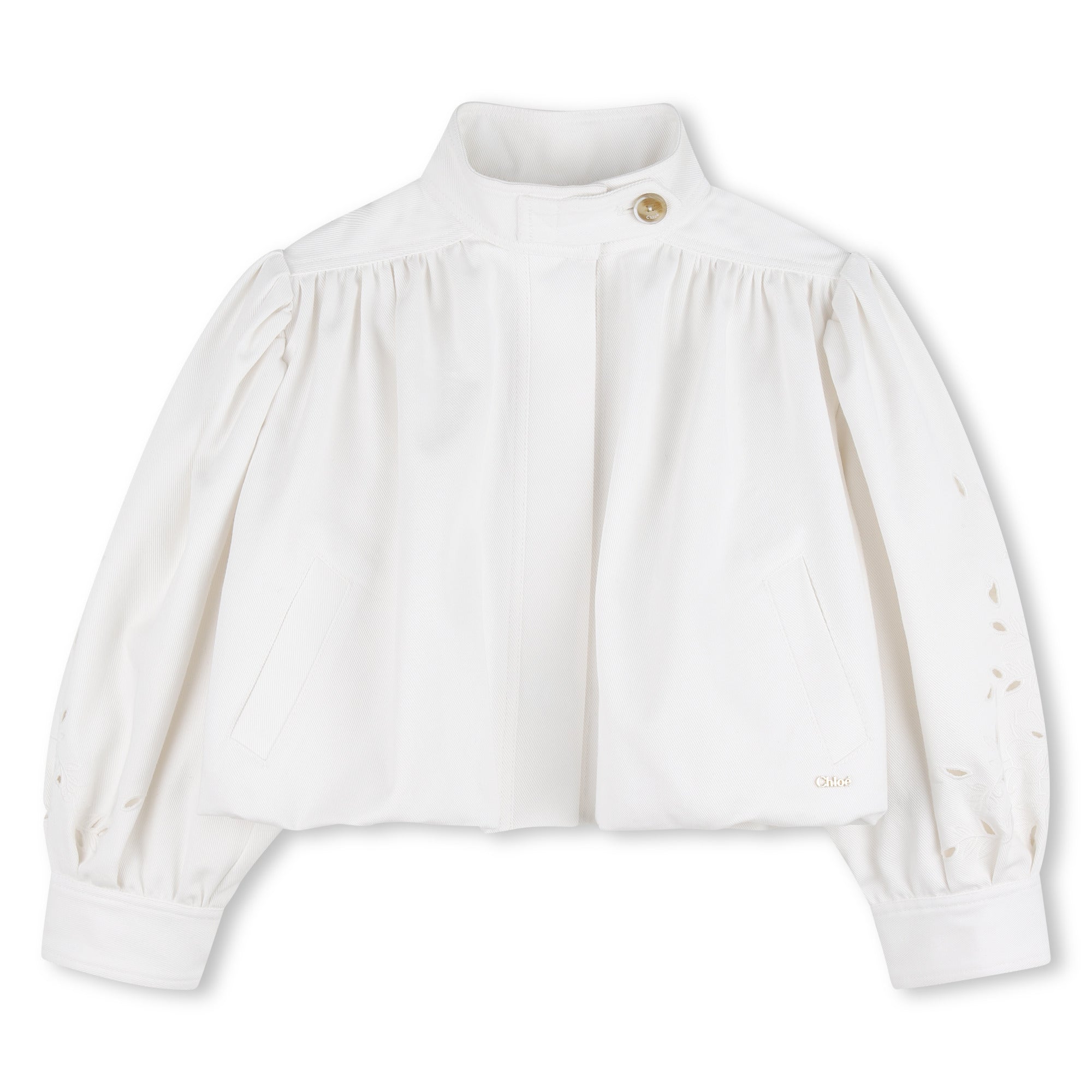 Organic Cotton Twill Cropped Jacket with Floral Openwork Embroidery Chloe