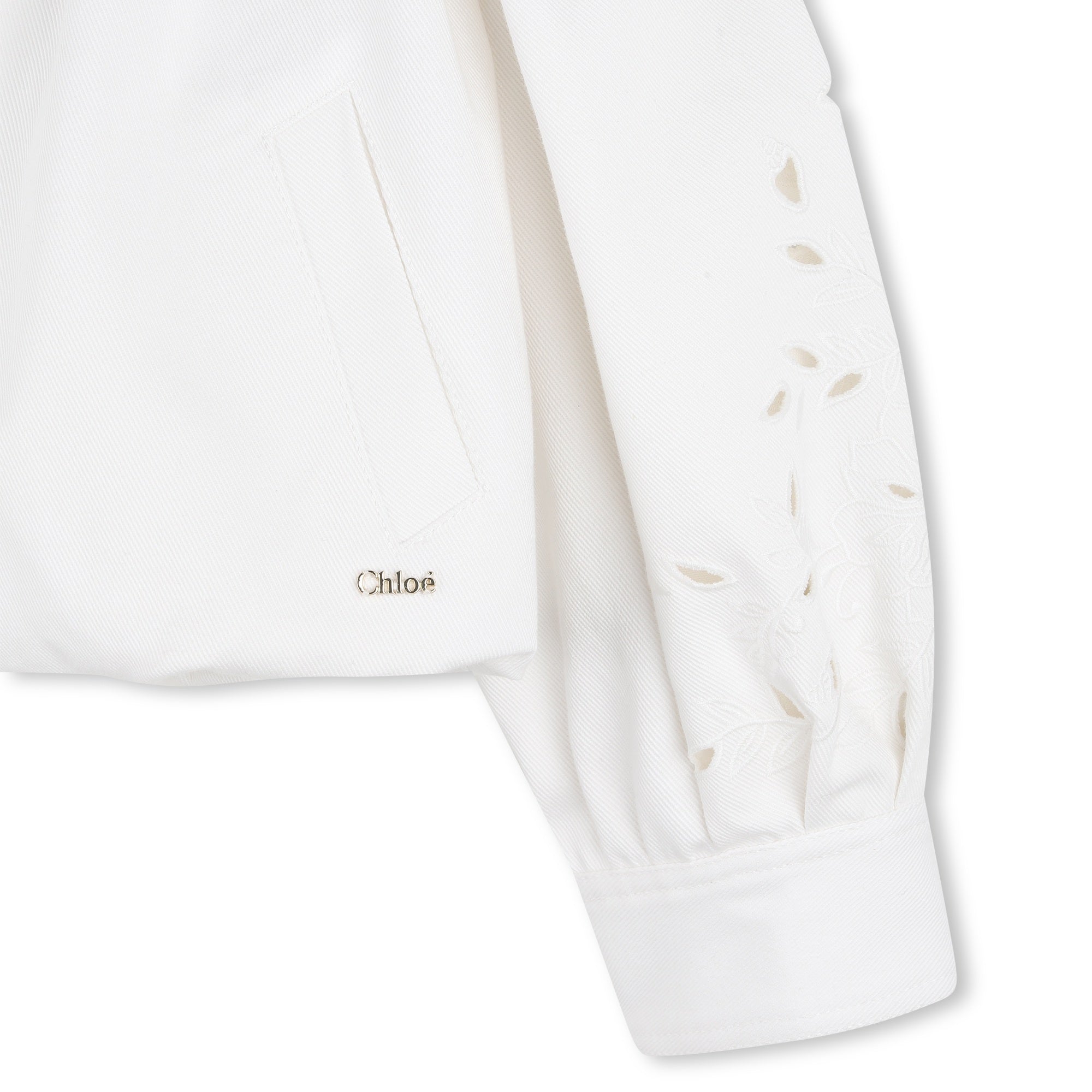Organic Cotton Twill Cropped Jacket with Floral Openwork Embroidery Chloe