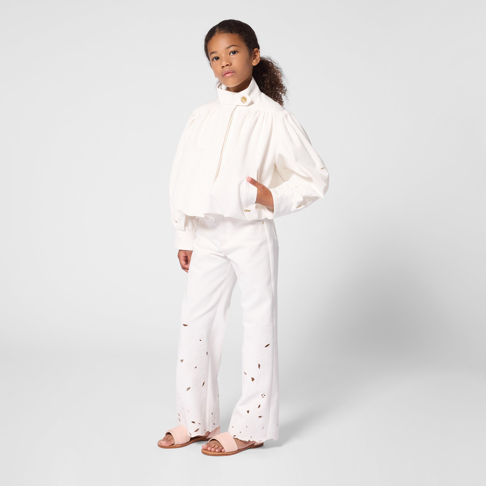 Organic Cotton Twill Cropped Jacket with Floral Openwork Embroidery Chloe