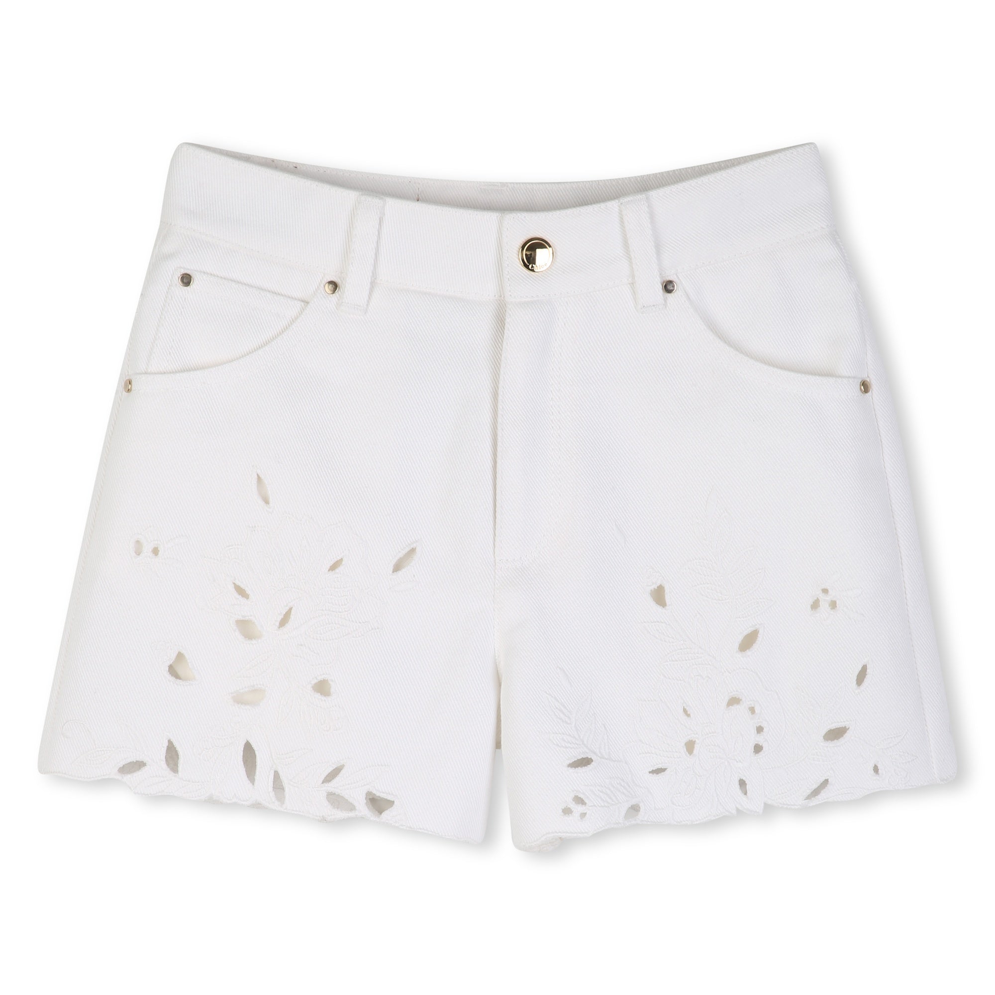 White Cotton Twill Shorts with Floral Openwork Embroidery Chloe