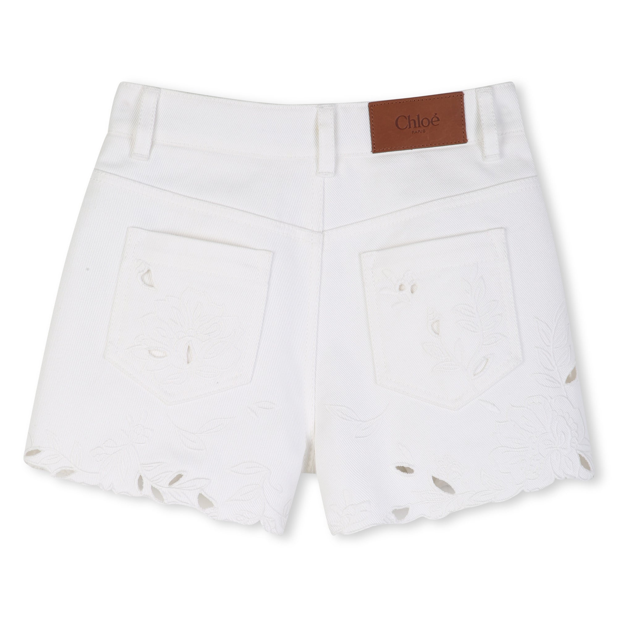 White Cotton Twill Shorts with Floral Openwork Embroidery Chloe