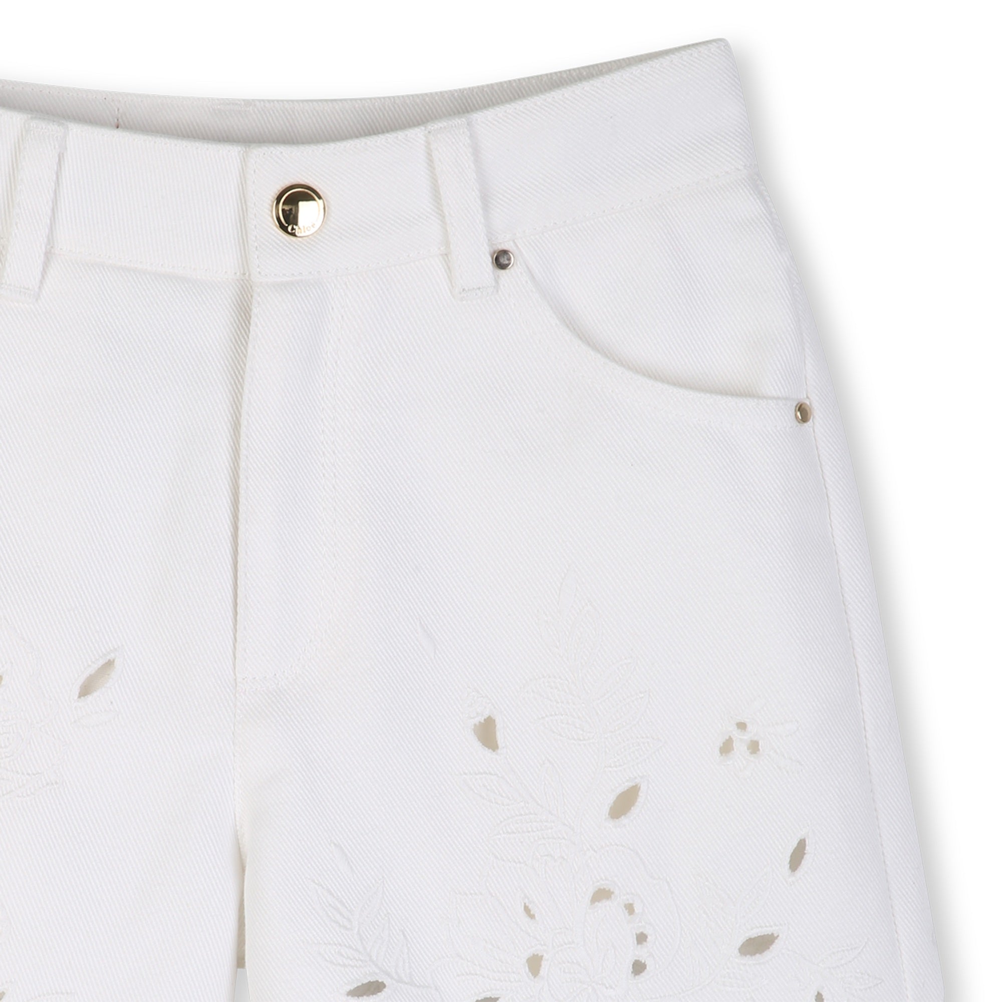 White Cotton Twill Shorts with Floral Openwork Embroidery Chloe