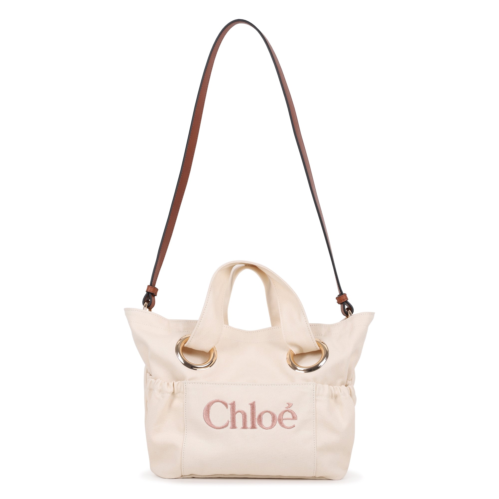 Organic Cotton Canvas Tote Bag with Leather Shoulder Strap and Front Embroidery Chloe