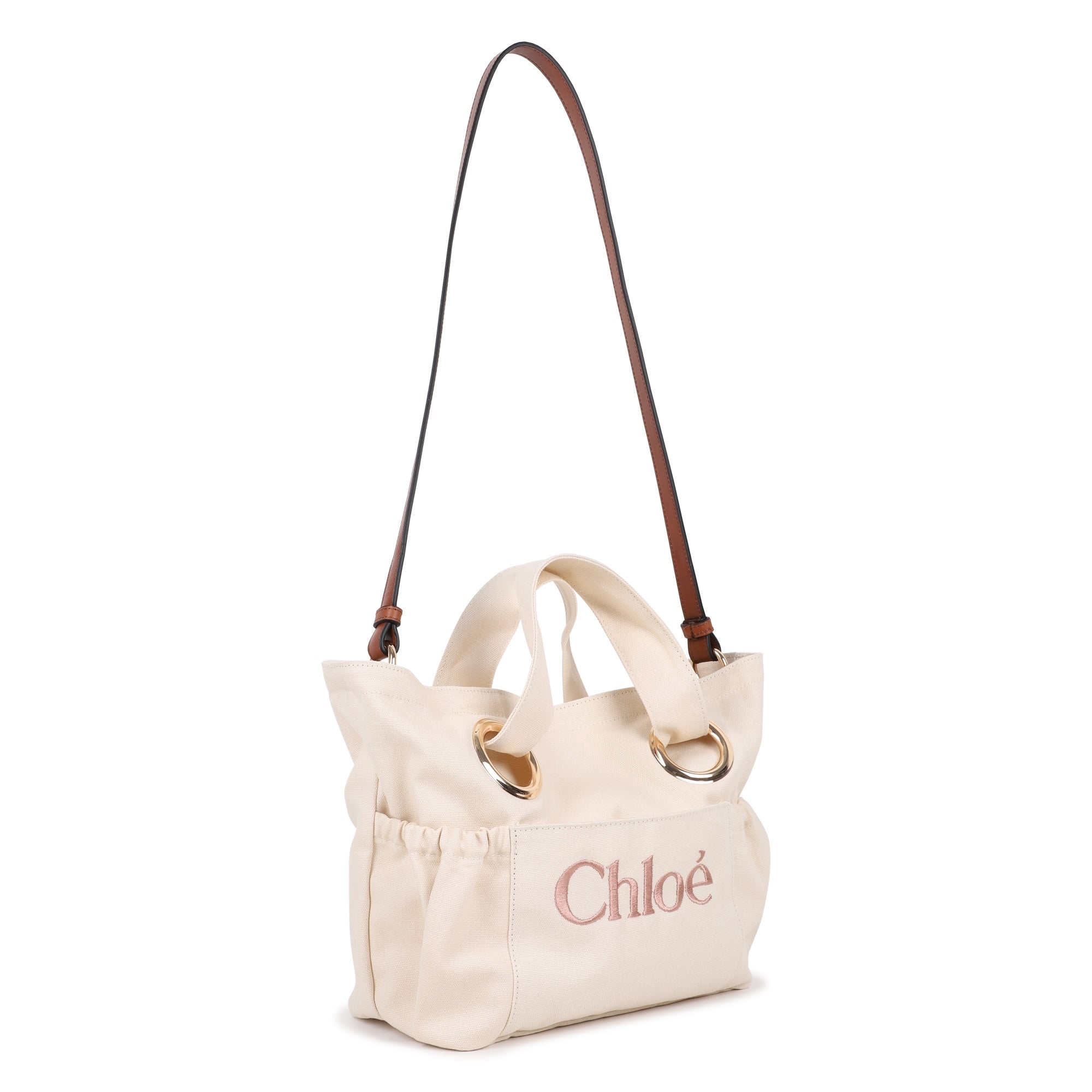 Organic Cotton Canvas Tote Bag with Leather Shoulder Strap and Front Embroidery Chloe