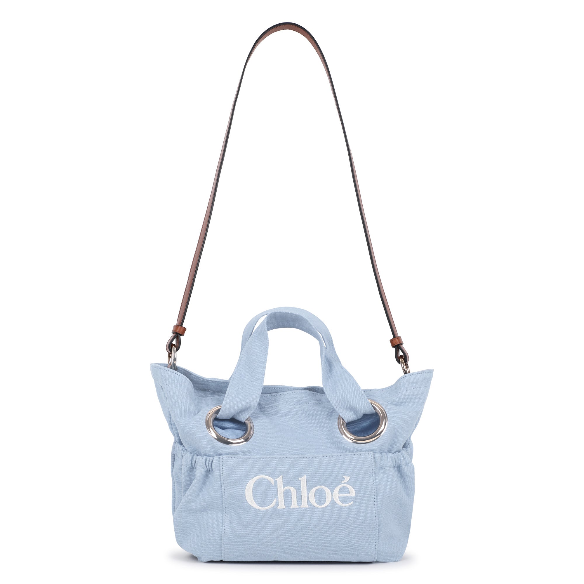 Organic Cotton Canvas Tote Bag with Leather Shoulder Strap and Front Embroidery Chloe