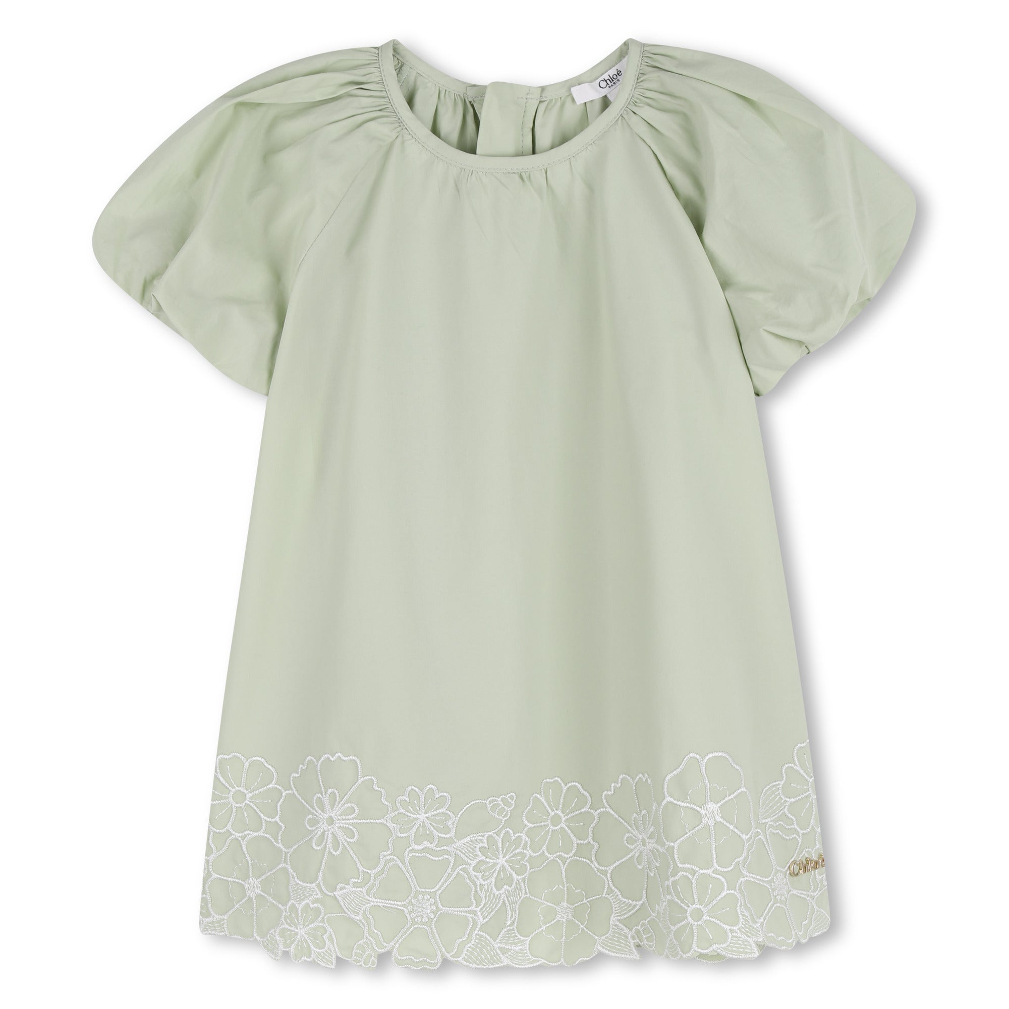 Organic Poplin Dress with Floral Embroidery and Puff Sleeves Chloe