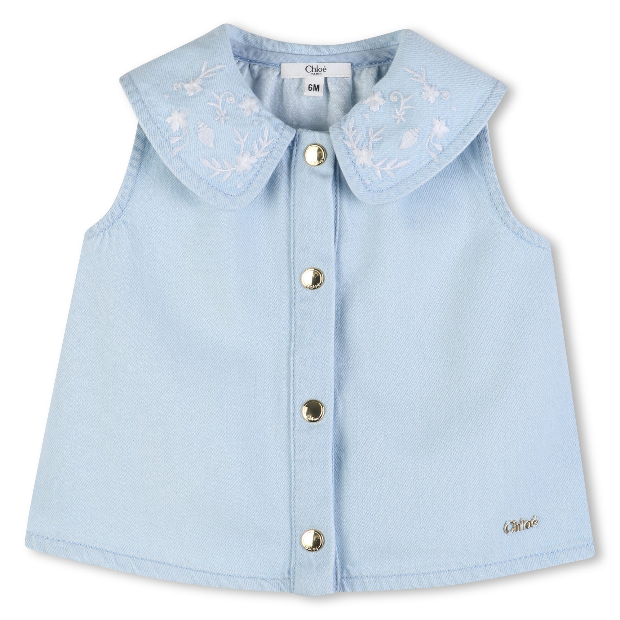 Baby Sleeveless Cotton Denim Top With Embroidered Collar, Light Blue Chloe